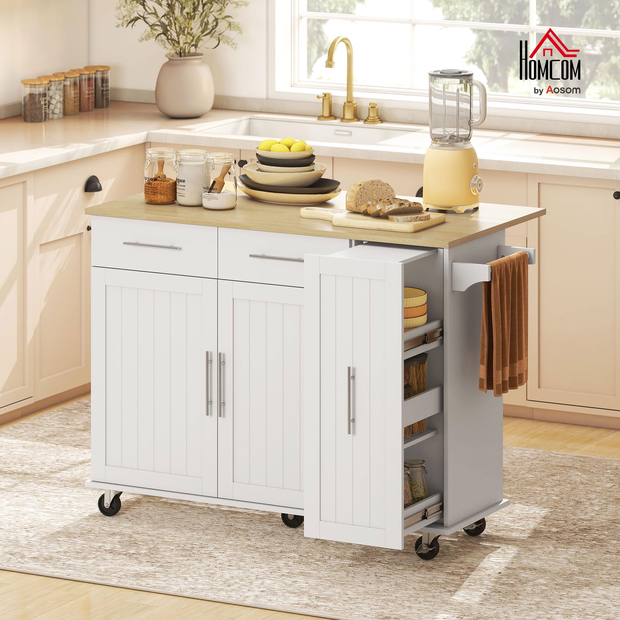 HOMCOM Isla de Cocina con Ruedas Encimera Plegable Carro de Cocina Blanco