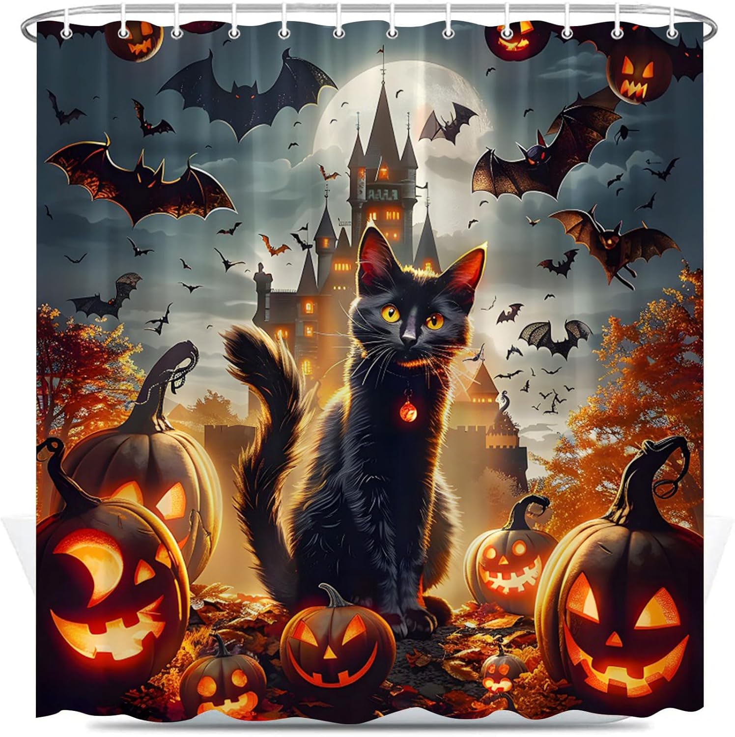 Halloween Shower Curtain Black Cat Castle Under The Full Moon Night Sky House Bat Pumpkin Kitten Abstract Bathroom Decor Curtains 94x70 inch with Hook