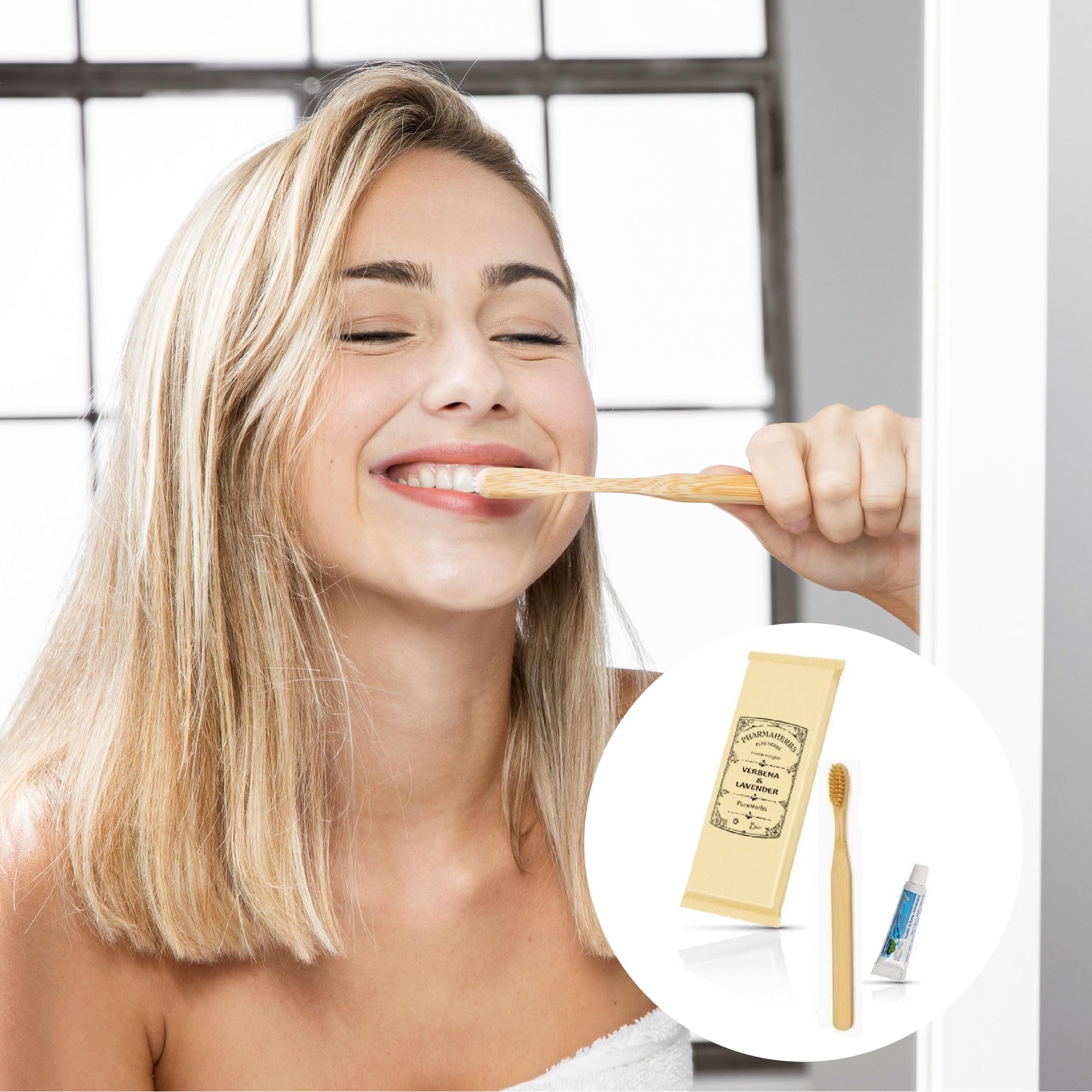 Pack de 100 Kits Dentales de Bambú con Cepillo de Cerdas Suaves Bio y Tubo de Pasta Dental - Ecológico y Sostenible, Ideal para Hoteles y Viajes