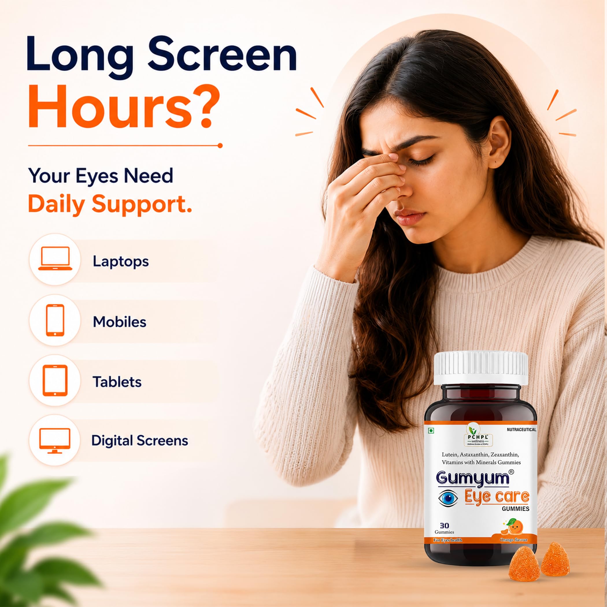 PCHPL wellness Gumyum Eye Care Gummies - Lutein, Astaxanthin, Zeaxanthin, Vitamins C & E, Zinc, Copper | Protects Against Blue Light, Relieves Eye Dryness | 30 Orange Gummies 4