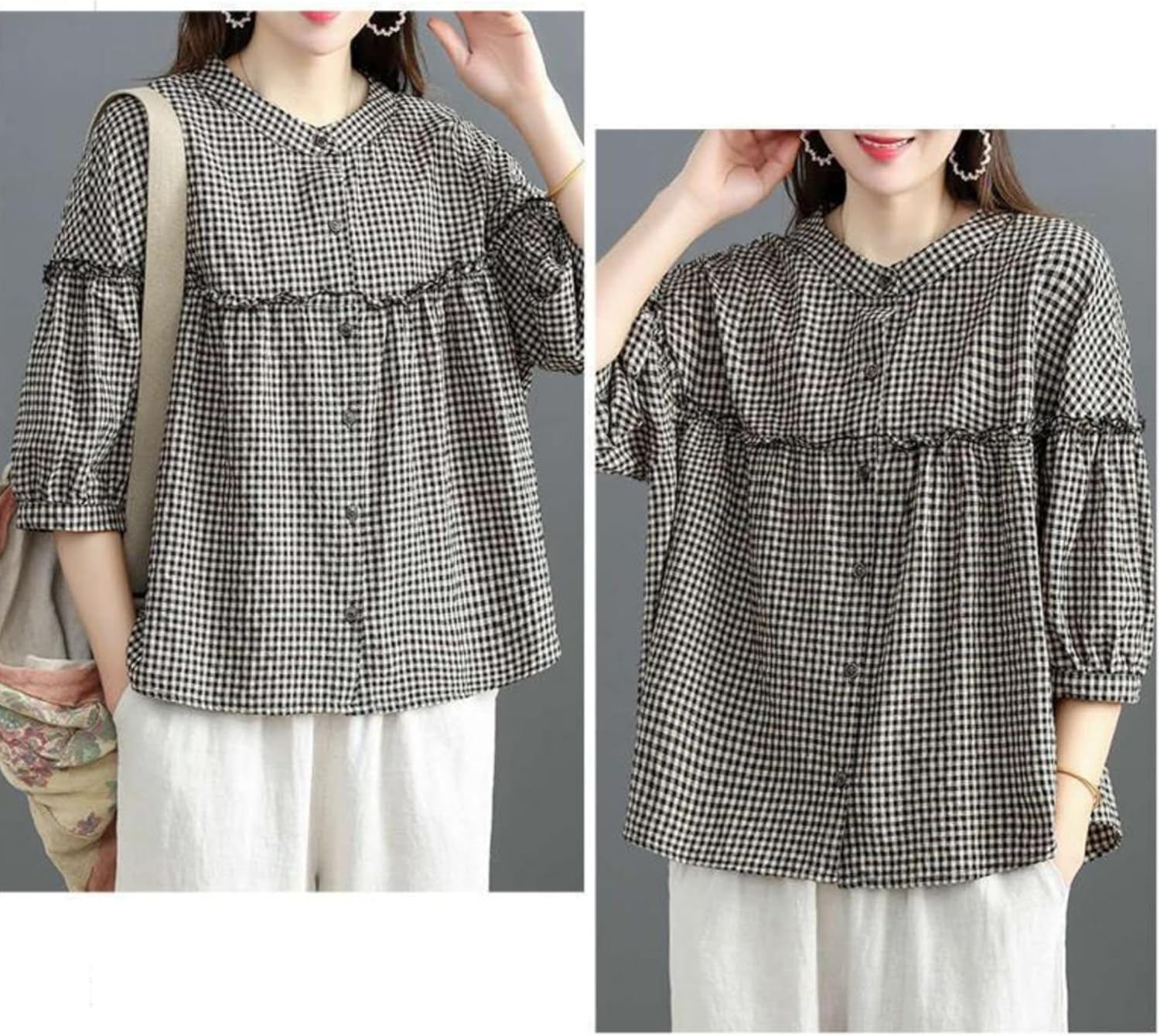 Women's Plaid 3/4 Sleeve Button Down Shirts Gingham Checkered Crew Neck Tunic Tops Blouses - Image 4