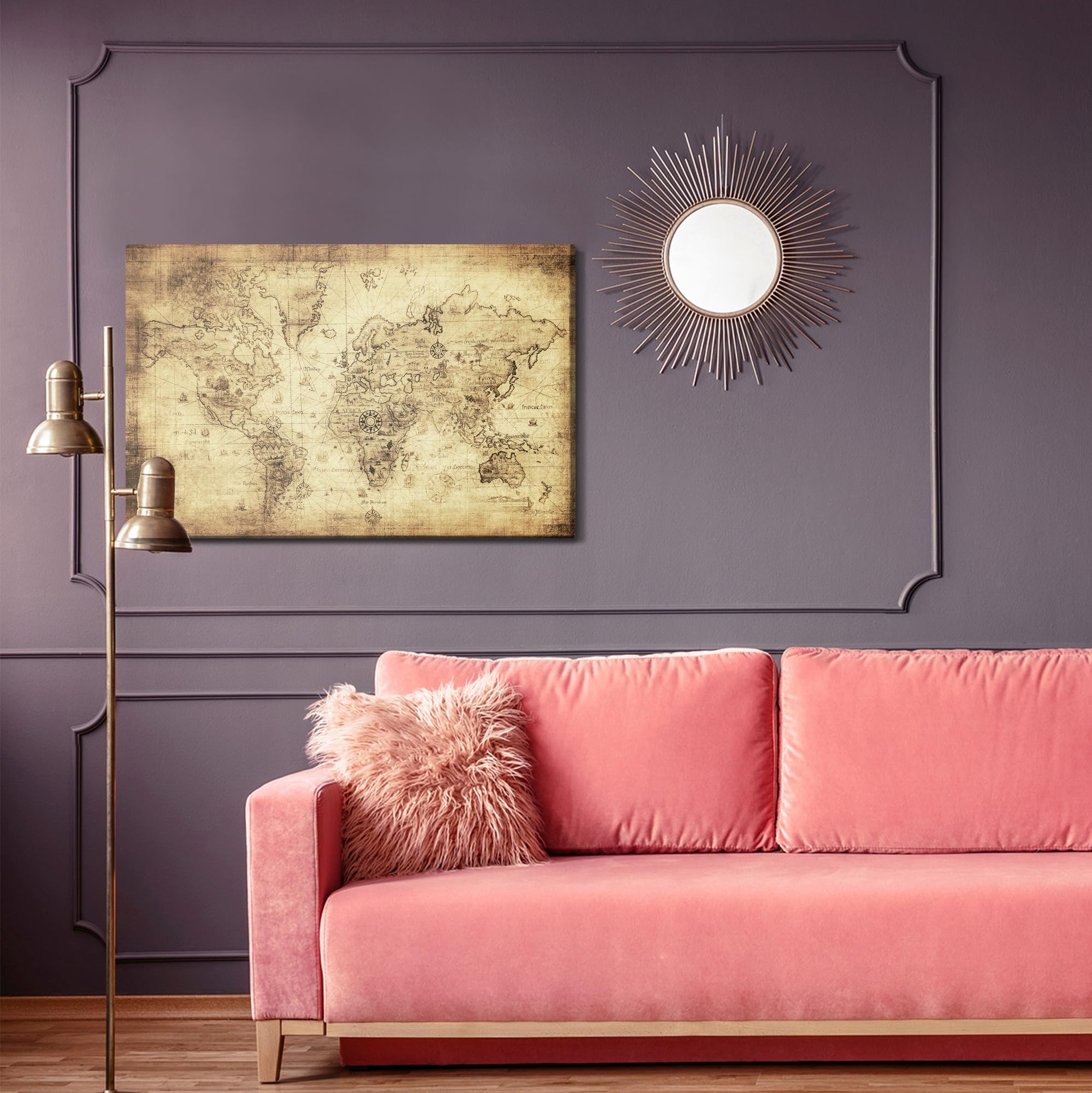 WALLERO HandArt Leinwandbild Antike Weltkarte Vintage – mit Struktur-Effekt | Kunstbilder wie handbemalte Wandbilder für Wohnzimmer Schlafzimmer Flur 40x30