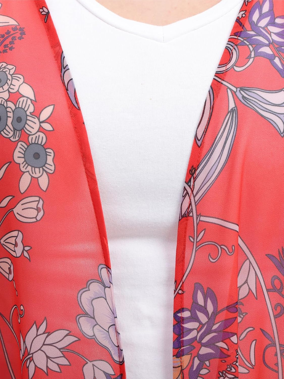 Women's Floral Print Puff Sleeve Kimono Cardigan Loose Cover Up Casual Blouse Tops - Image 5