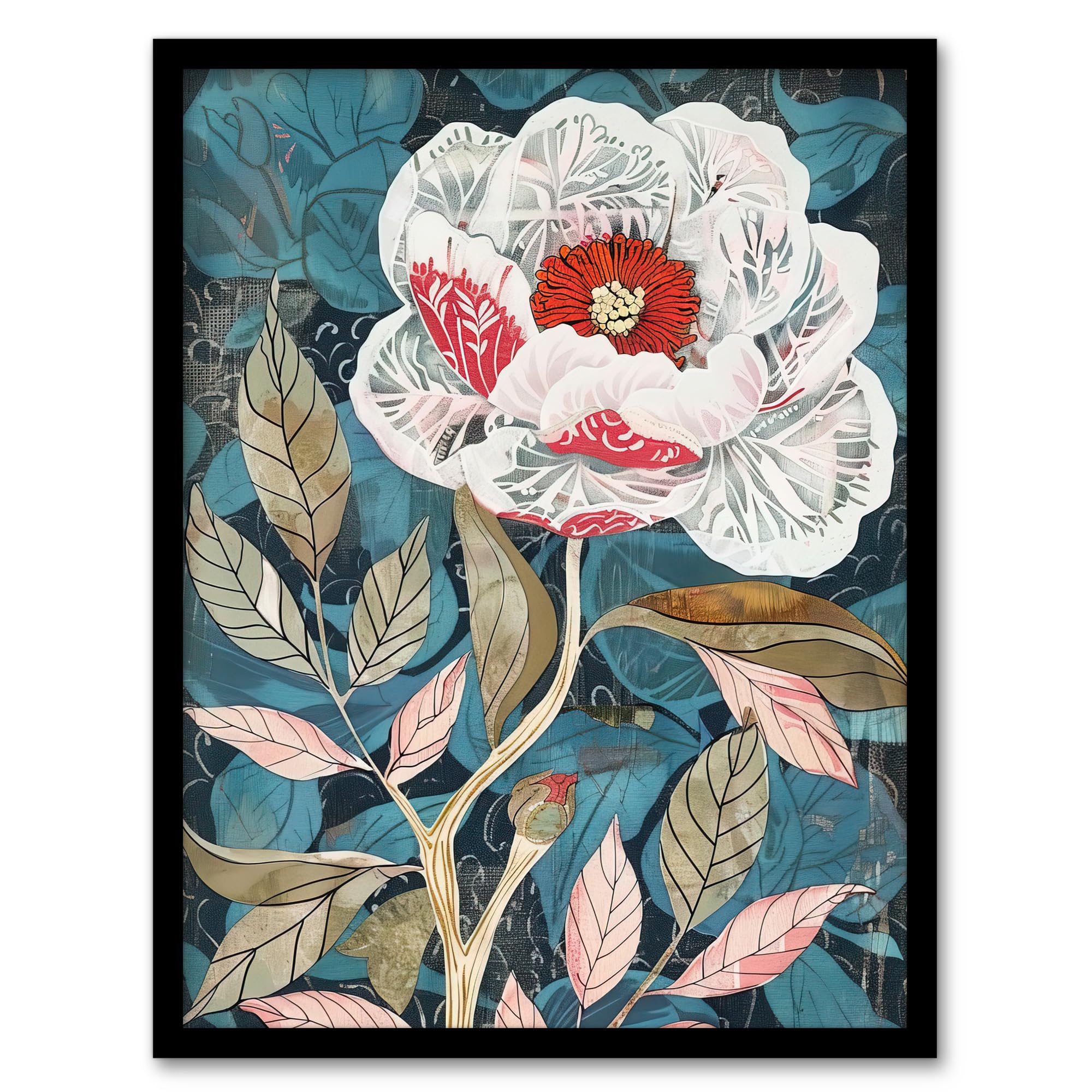 Artery8 Peony Flower White Red Bloom Artistic Design Living Room Artwork Framed Wall Art Print A4