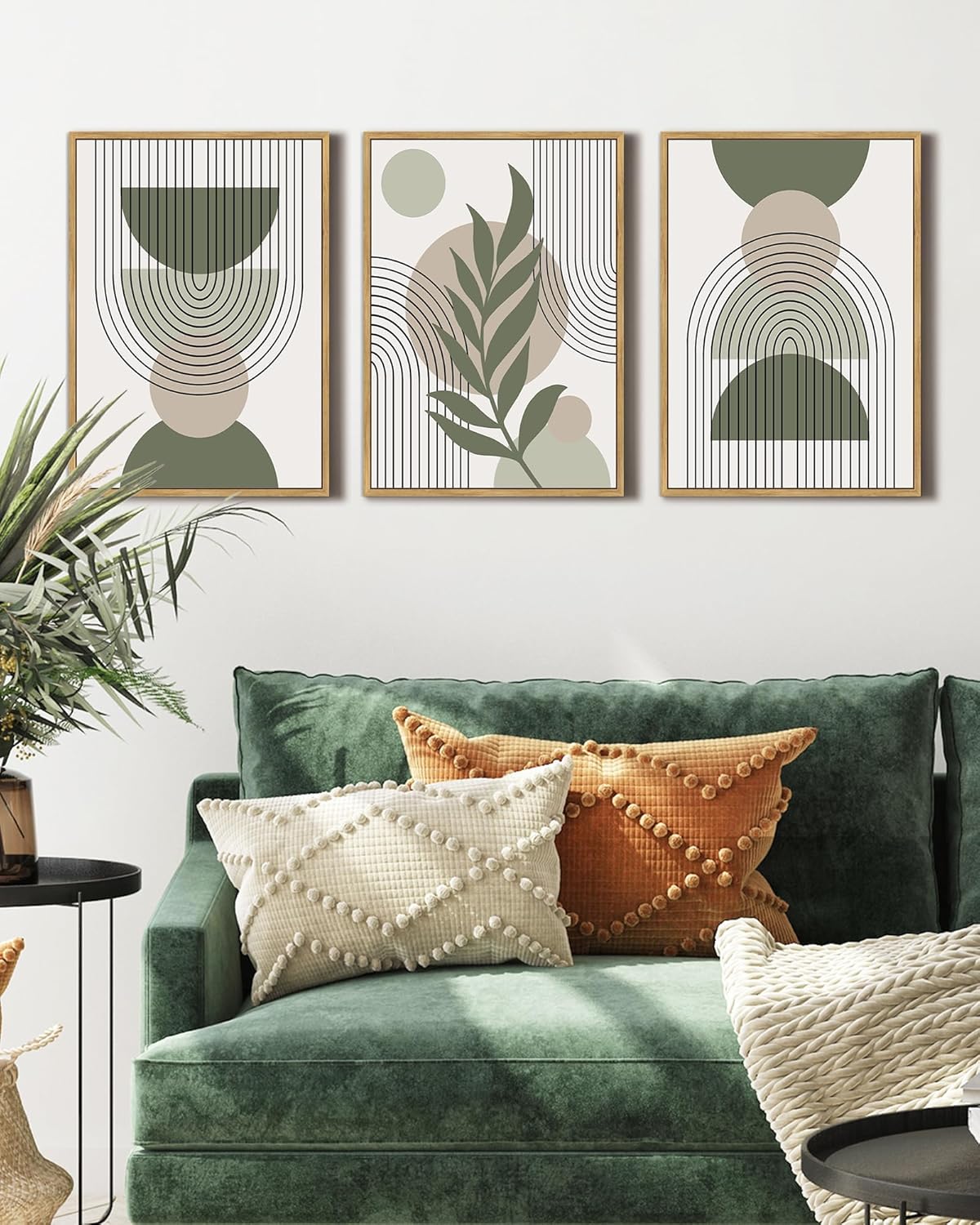 Drsoum 11x14in Boho Wall Art Green Sage Decor Framed Wood Modern Bohemian Abstract Geometry Canvas Prints Ready to Hang