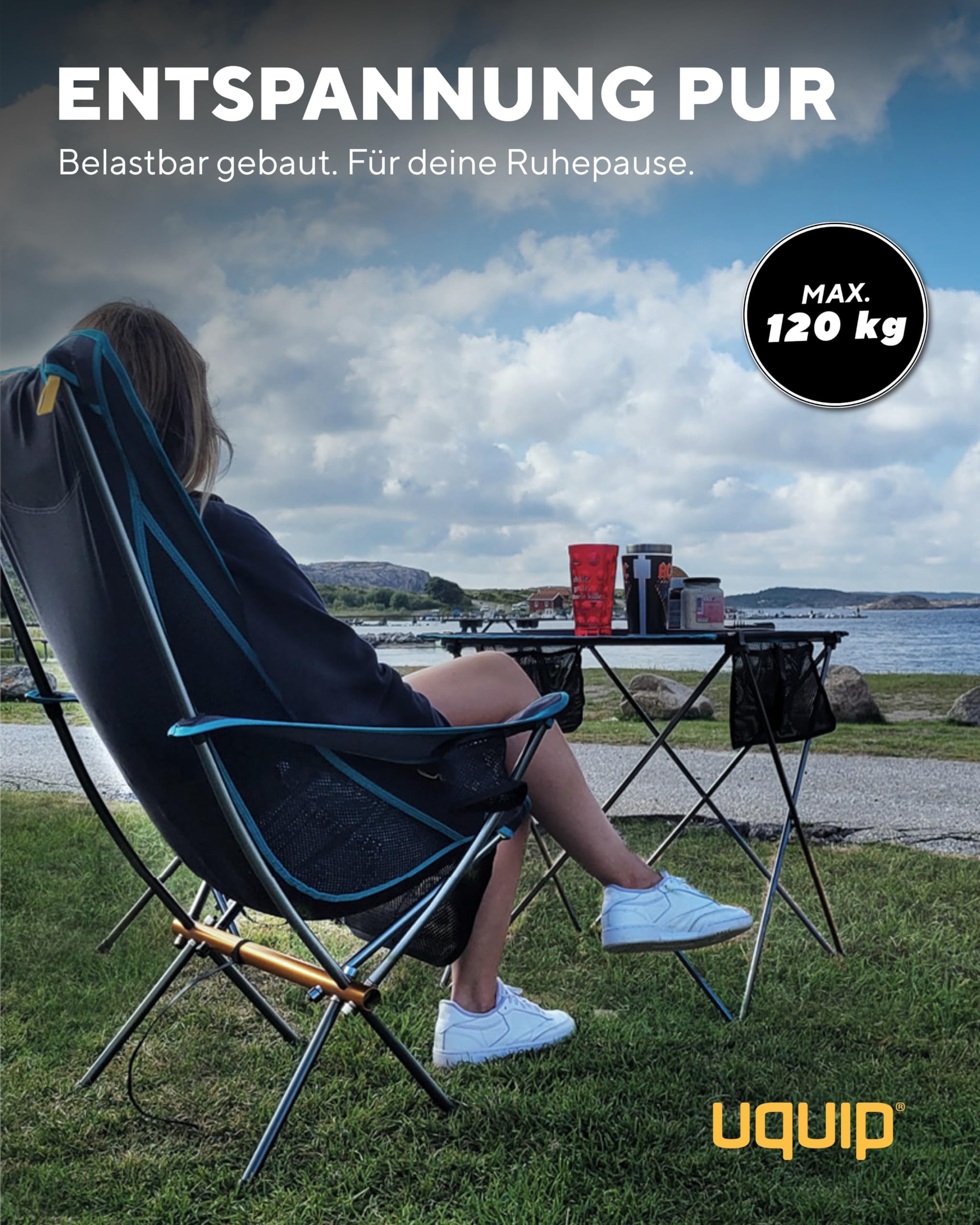 Uquip Campingstuhl Infinity Lounger I Leichter Faltbarer Klappstuhl mit 120 kg Traglast I kompakter Faltstuhl aus Aluminium I tragbarer Outdoor-Stuhl für Camping, Wandern, Radtouren & Festivals