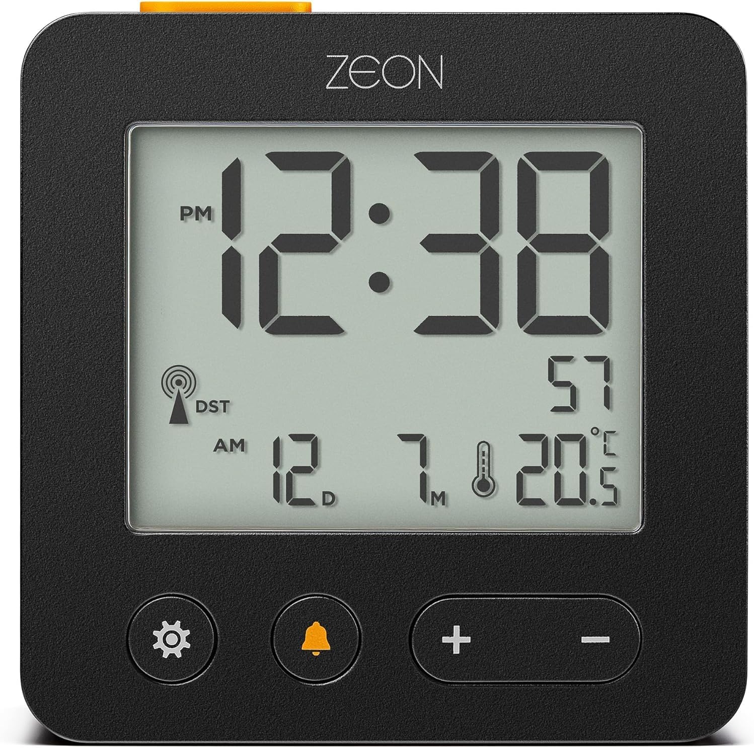 ZeonCE4557 Digital Radio-Controlled Alarm Clock for Central European Time Zone (DCF/GMT+1) with Positive LCD Display, Backlight & Temperature, Day and Date Display in Black