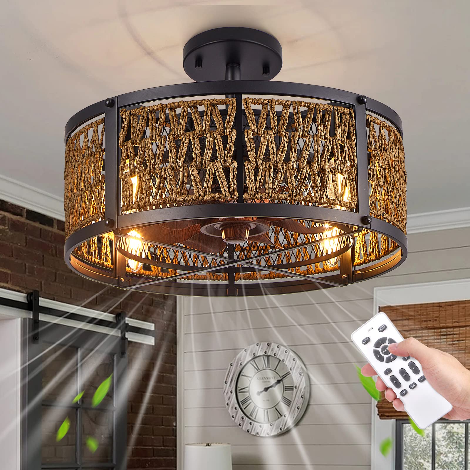 DADUL Farmhouse Ceiling Fan with Light, Enclosed Bladeless Ceiling Fan 6 Speed Adjustable, Caged Ceiling Fan with Light Motor Reversible, Low Profile Ceiling Fan for Bedroom, Living Room, Study