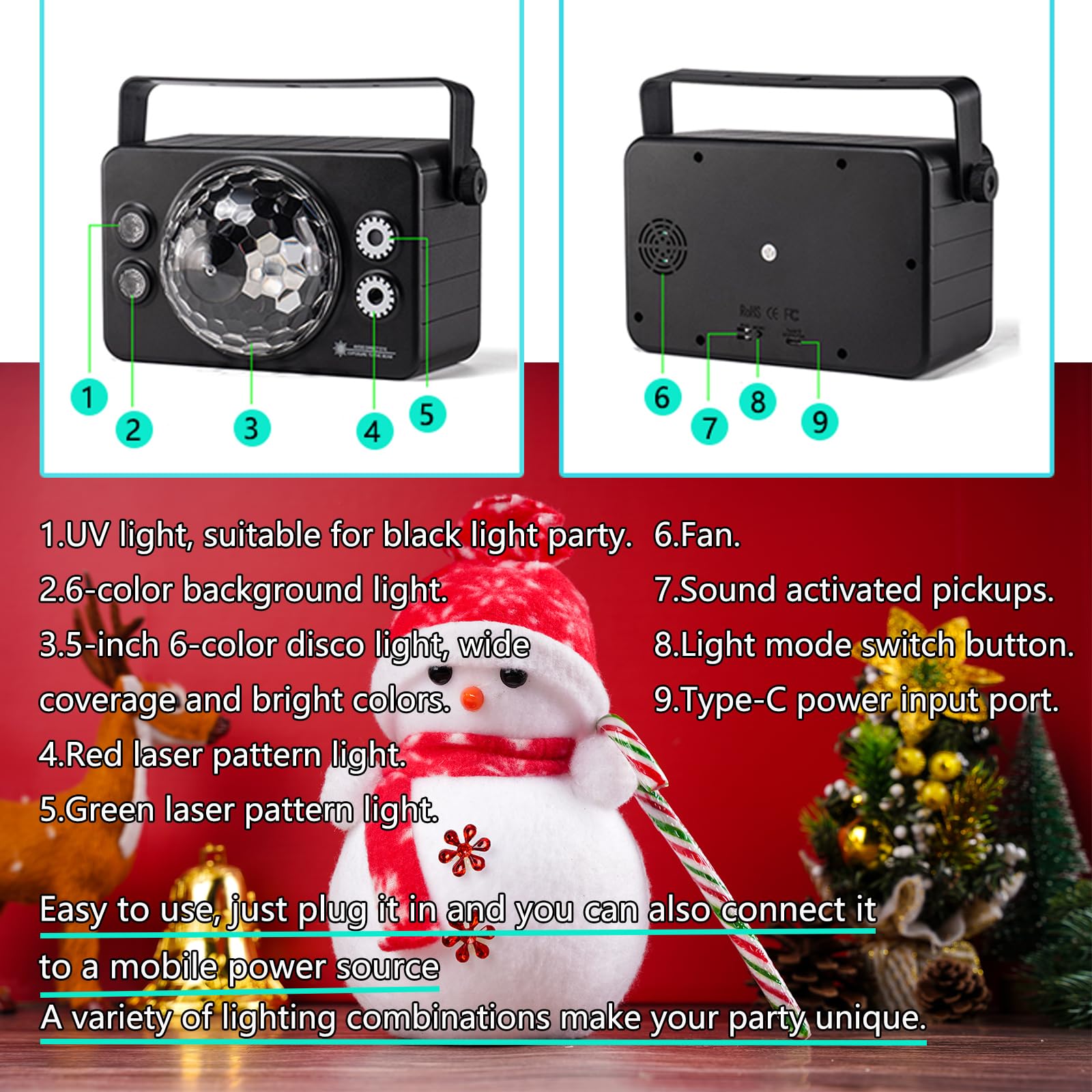 Yinpkteo Discokugel-DJ-Party-Lichter für den Innenbereich, LED-Licht, 6 Farben, geräuschaktiviertes Stroboskoplicht für drinnen und draußen, Tanzfläche, Partys, Geburtstag, Rave, Zuhause, Karaoke,
