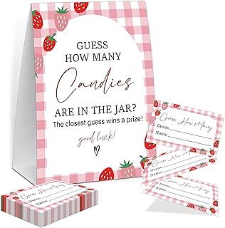 Pink Gingham Berry Guess How Many Candies Are In The Jar Game, Baby Shower Game, Include One 5×7 Sign and 50 Guessing Cards, Strawberry Gender Reveal Party Decoration Supplies - FE23