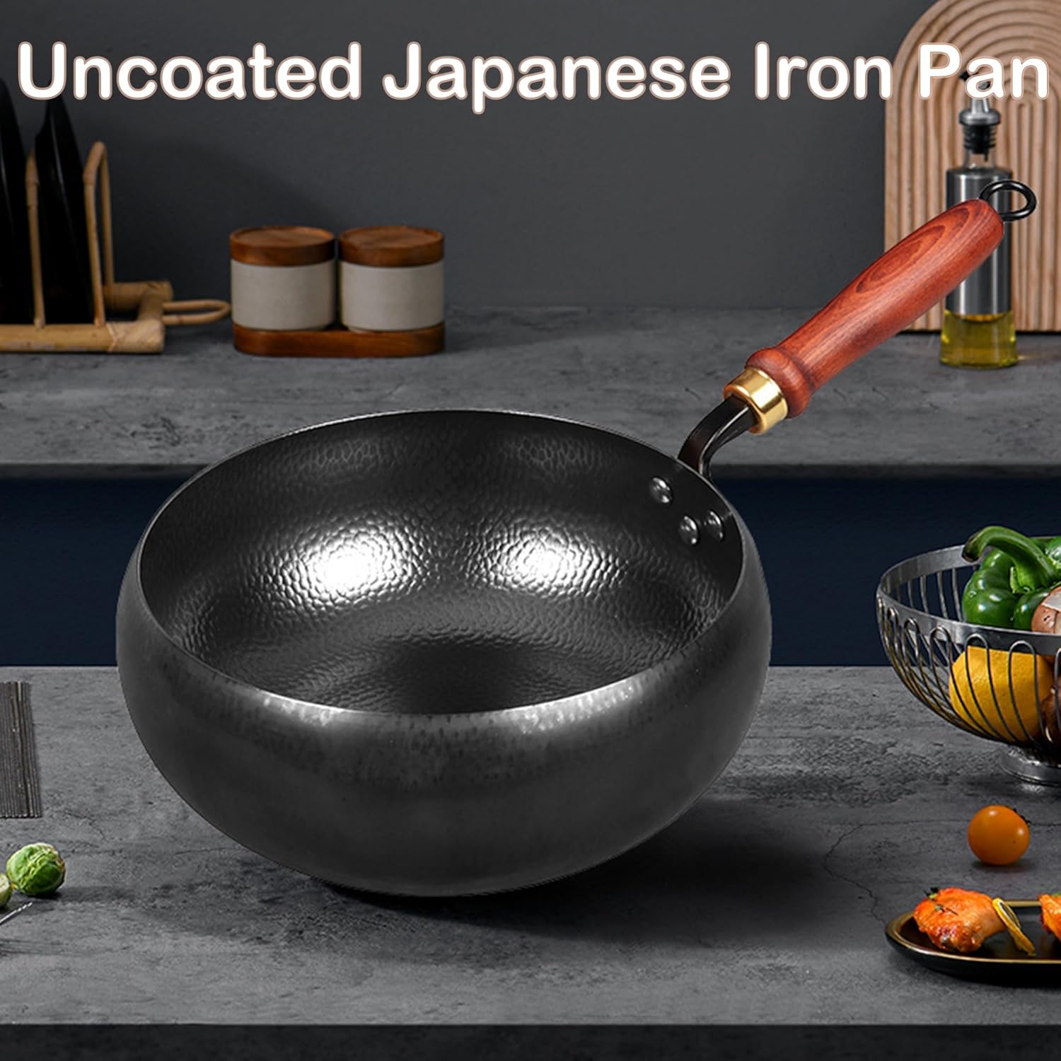 Japanese Iron Pan, Uncoated Iron Pan with Lid, Hand-Forged Non-Stick Pans without Coating Durable and Rust-Free for Kitchen Cooking Frying (Hammered Wood Lid,20cm/7.9'')