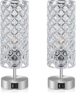 Touch Control Crystal Table Lamps Set of 2, Nightstand Sliver Lamps with USB C+A Charging Ports, Modern Dimmable Desk Lamps for Teen Girls' Bedrooms (LED Bulb Included)