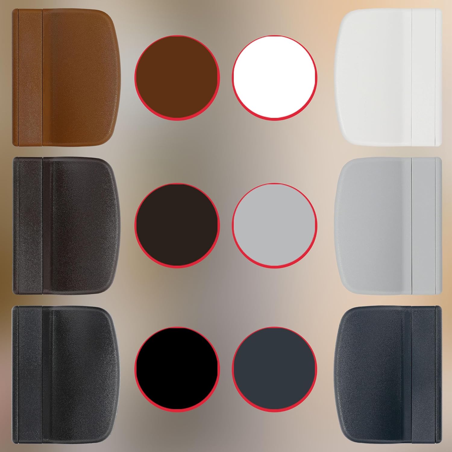 A display of six KOTARBAU balcony door latches in different colors: white, ash, golden oak, brown, anthracite, and black.