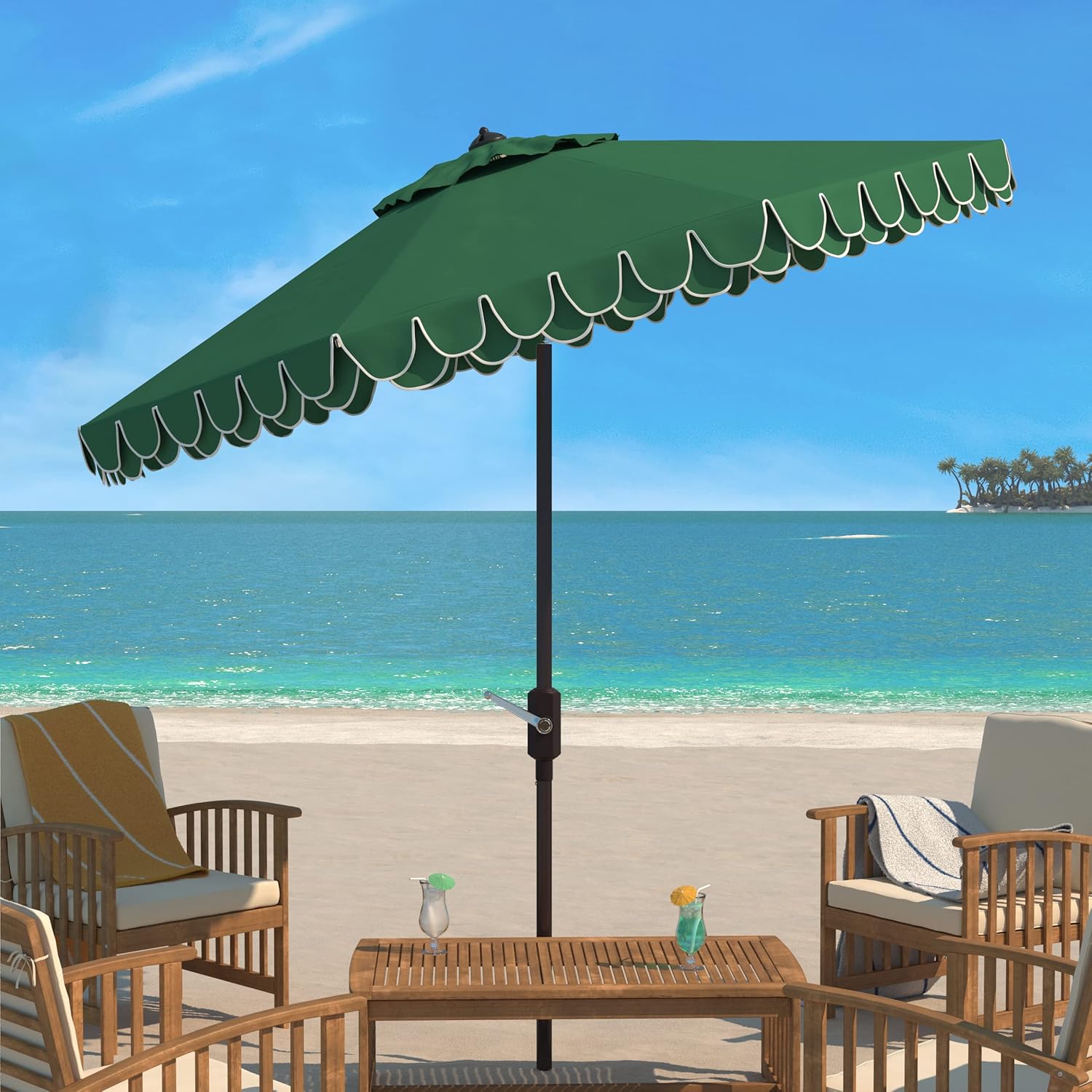 SAFAVIEH 9ft Outdoor Patio Umbrella, Round, Valance, Dark Green, Auto Crank Tilt, UV Resistant for Deck, Backyard, Poolside (PAT8006H) - Image 2