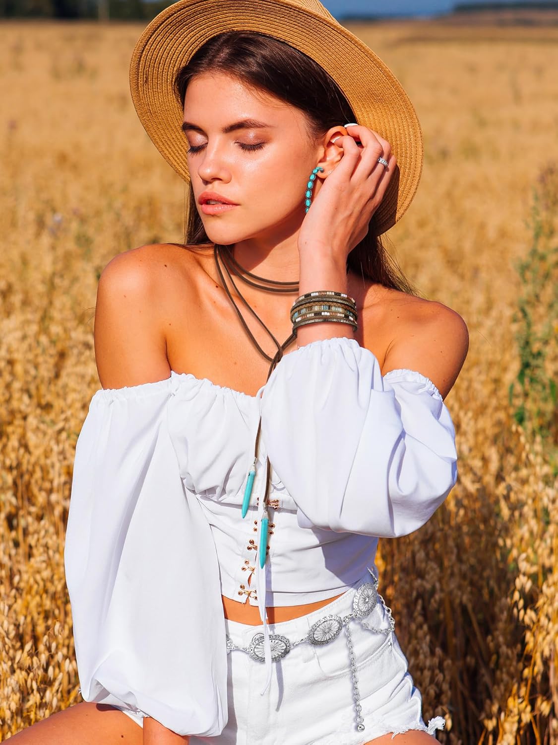 Nosiny 4 Pcs Bohemian Jewelry Turquoise Set for Women Western Turquoise Set Waist Belt Vintage Drop Earring and Necklace Boho Wrap Bracelet - Image 5