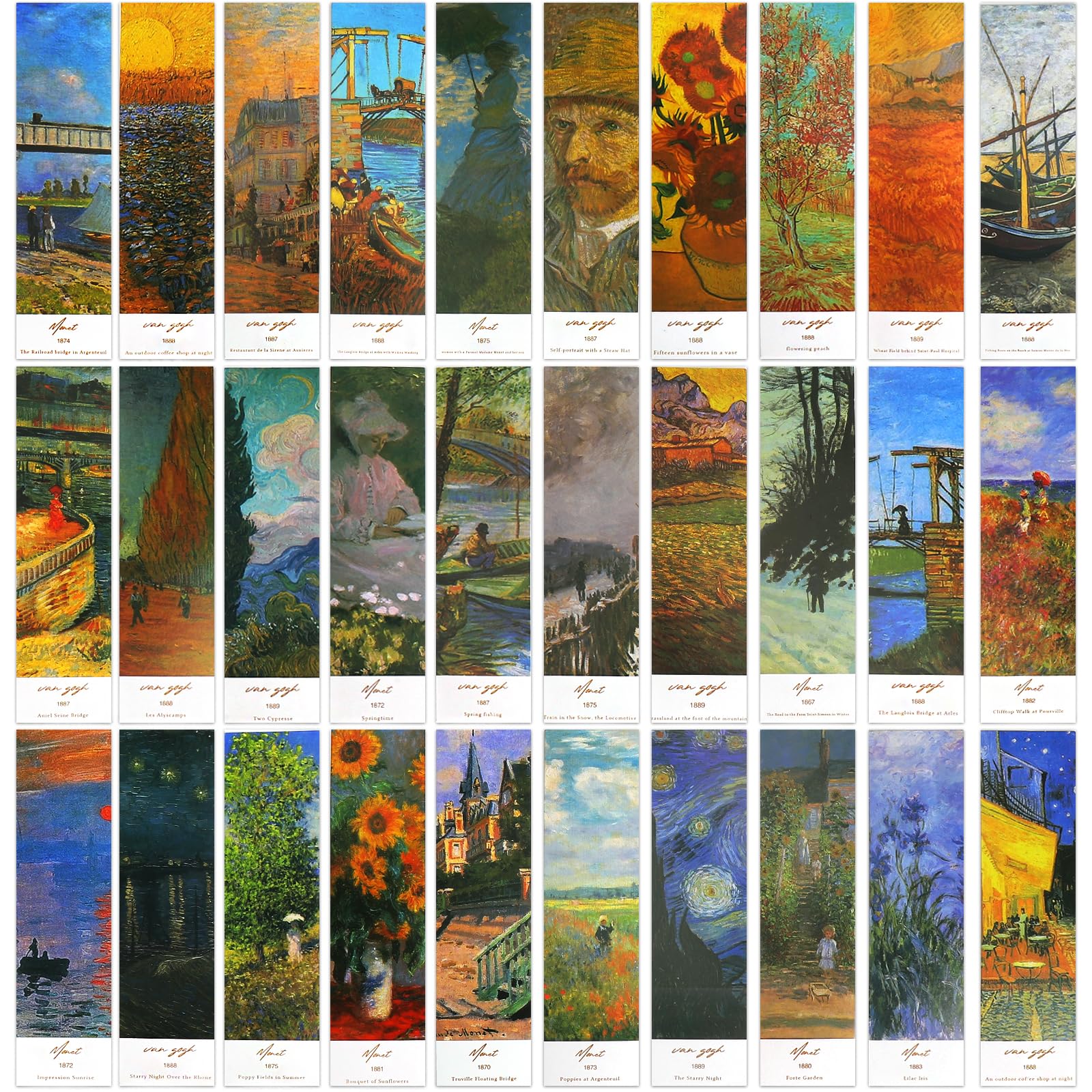 30 sztuk artystycznych zakładek, obraz olejny, znaki książkowe, 15 x 4 cm, styl vintage z motywami Van Gogha i Moneta, prezent dla miłośników książek
