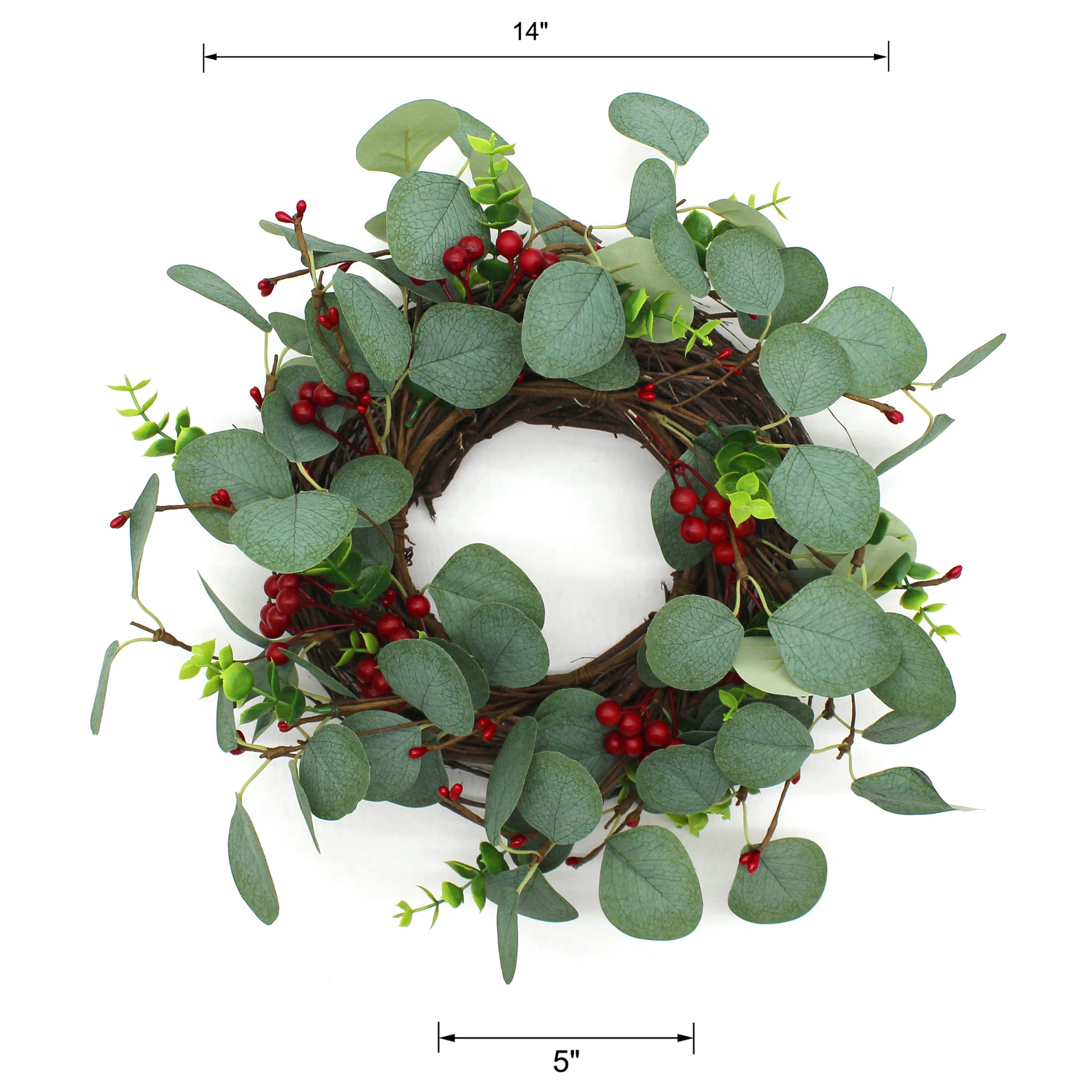CVHOMEDECO. Couronne de Fleurs d'eucalyptus et de rameaux avec Baies Rouges, pour l'intérieur ou l'extérieur, 35,6 cm