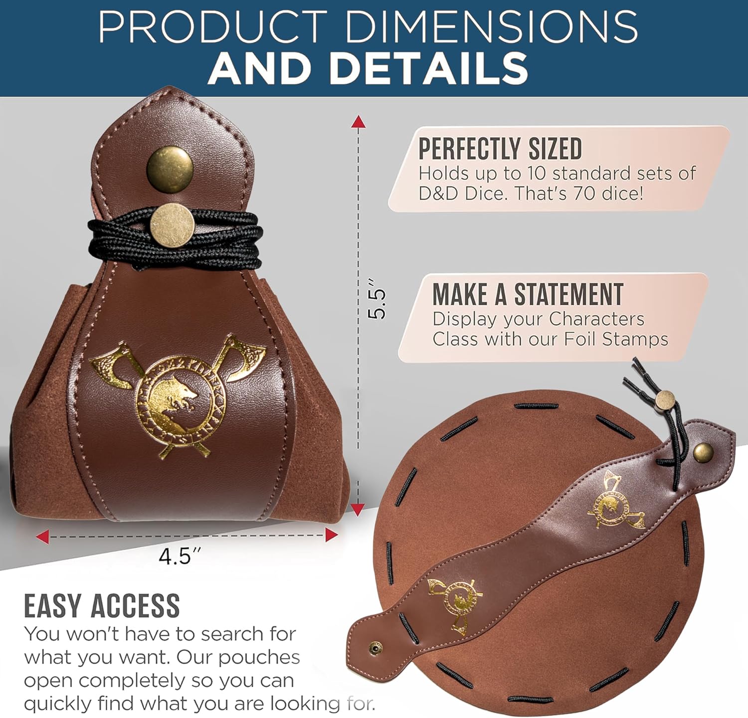 Guilt Free Gaming Genuine Leather RPG Bag | Foil Stamped | Holds 70 Dice | Great for Coins | Timeless Style | Great for DMs and Players image 3