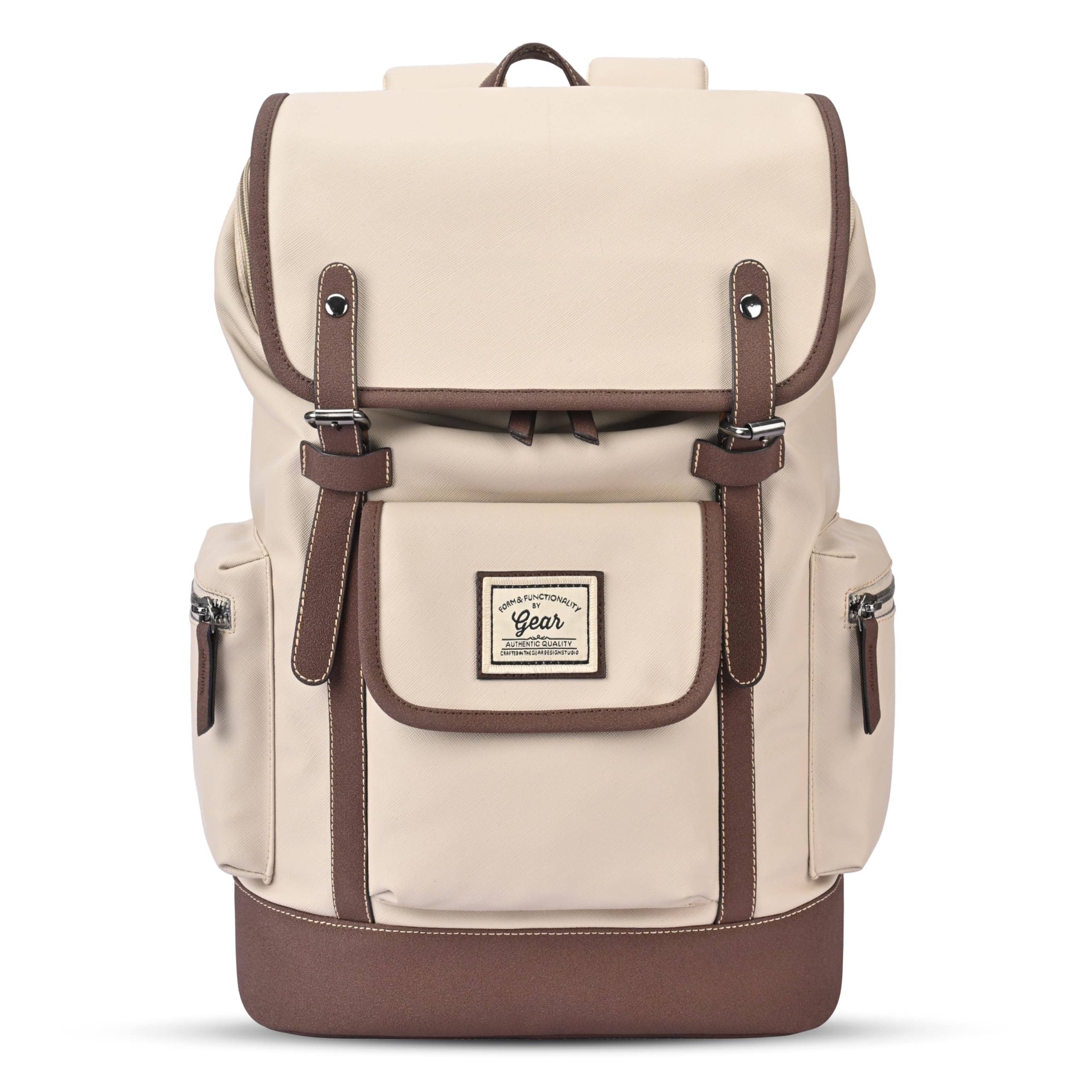 gear Classic 16.5"/21L Medium Water Resistant Faux Leather Anti Theft Knapsack | Laptop Bag | Casual Bag | Travel Bag for Men/Women (Cream - Brown)-picture-25