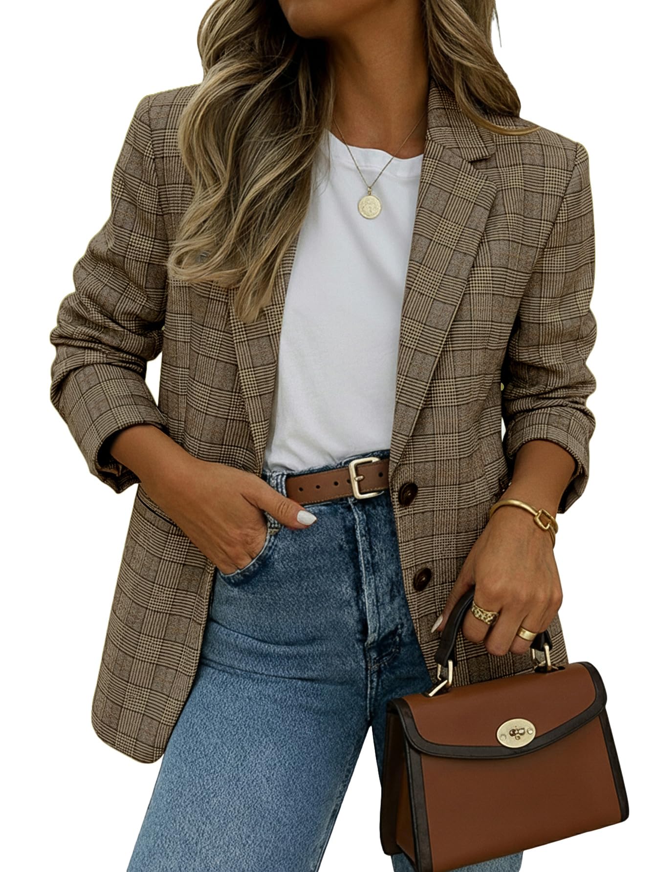 Mina Self 2025 Fall Plaid Houndstooth Blazer Jacket - Fully-Lined Business Casual Work Office Boyfriend Suit with Pockets
