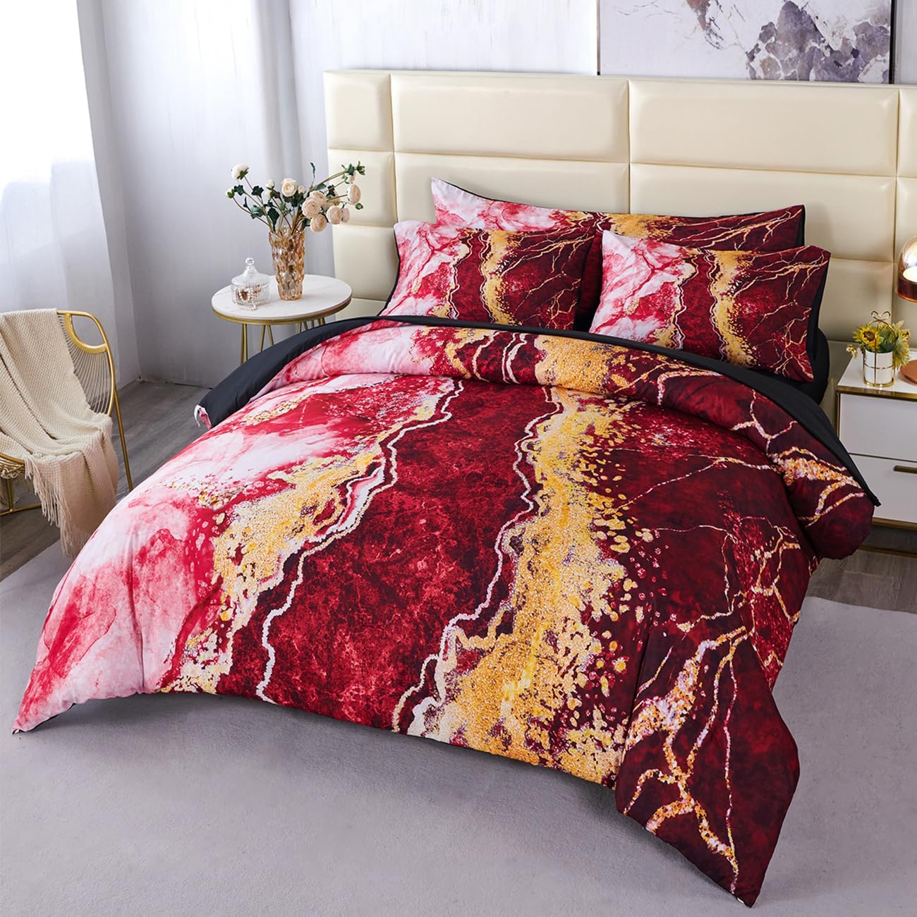 PERFEMET 6 Pcs California King Comforter Set Red and Gold Comforter with Sheets Burning Mountain Marble Printed Bedding Soft Luxury Artwork Watercolor Tie Dye Bedroom Set for All Season(Red, Cal King)