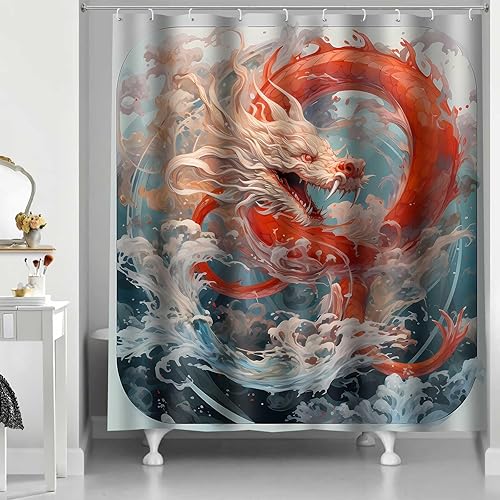 YLOKPA0461 - Cortina de ducha de dragón japonés con ganchos, enorme ola de mar, cortina de baño de dragón rojo, 72 x 72 pulgadas, tela para