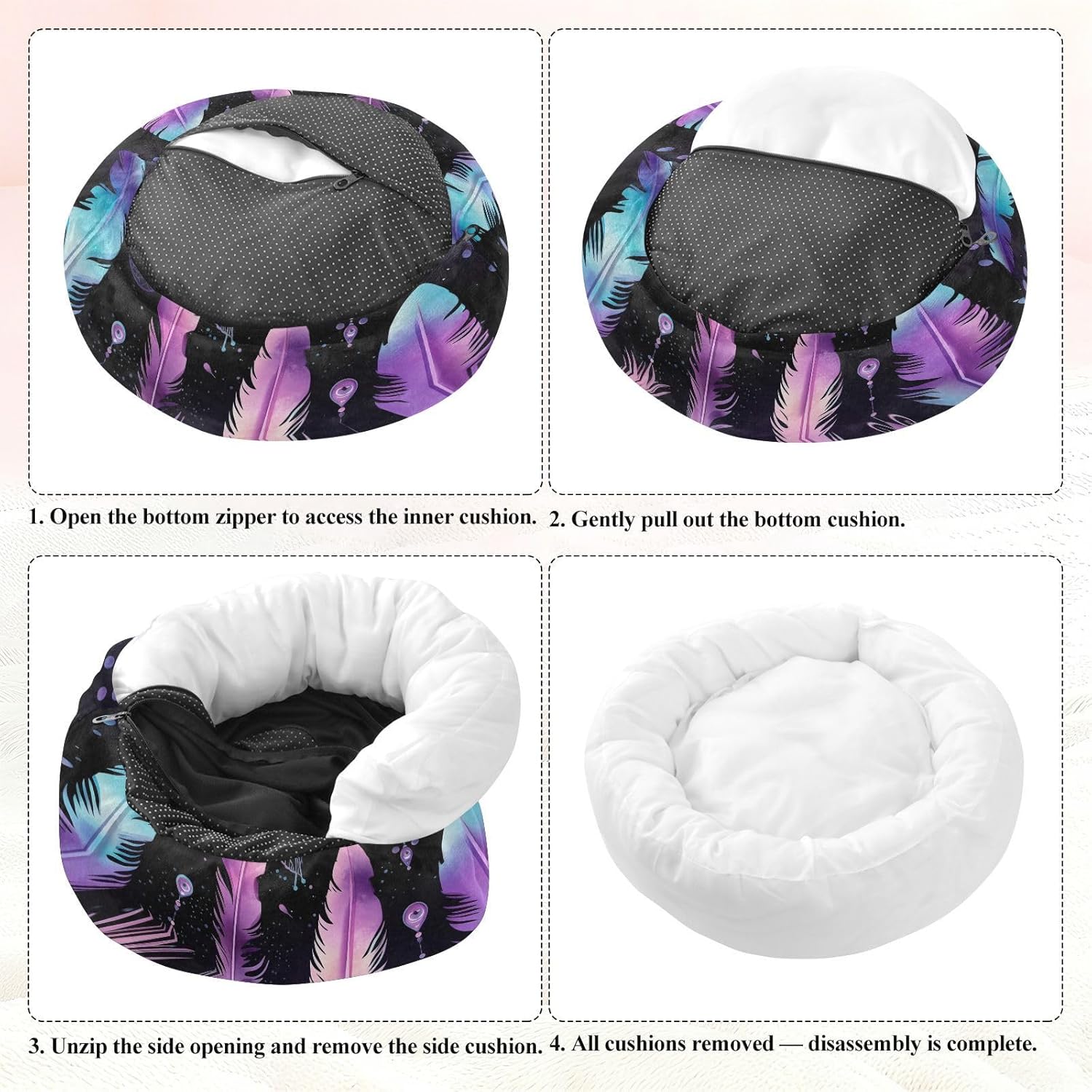 Dog Bed Ultra Soft Fluffy Comfortable Cat Bed, Purple Feathers Washable Dog Beds Anti-Slip Round Pet Beds for Medium Dogs