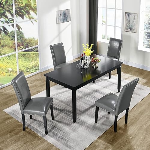 Miniatura 5 de PADMA HOUSE Grey Parsons - Juego de 4 sillas de comedor tapizadas, de piel sintética, con ribete de cabeza de clavo, moderna silla auxiliar sin