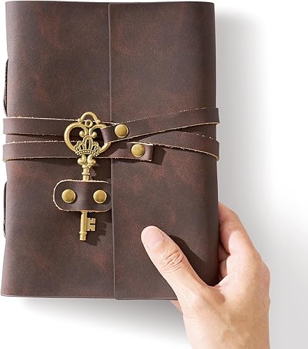 Miniatura 4 de Diario de cuero genuino de 5 x 7 pulgadas con llave, 200 páginas de líneas, diario encuadernado en cuero hecho a mano para diario de viaje (marrón