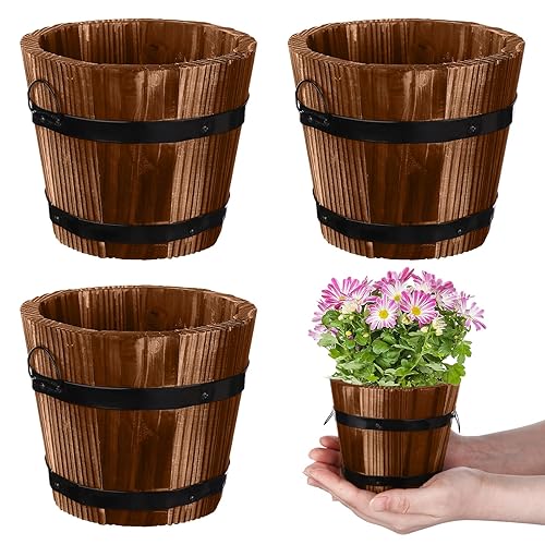 2 Pcs 4.7*3.5*3.9inch/10x12x9cm Rustic Wooden Whiskey Bucket with Handle Flower