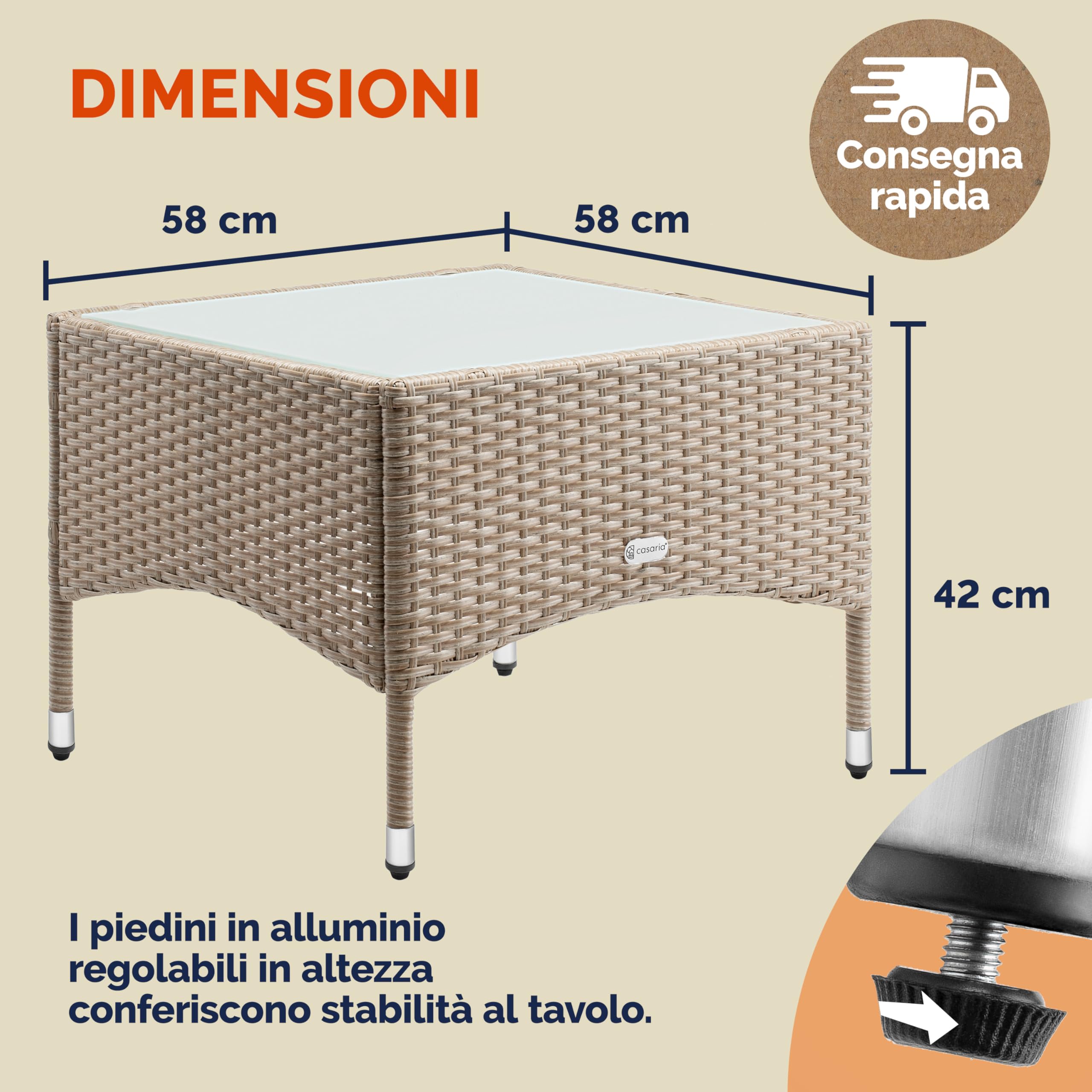 Casaria Tavolino da Giardino Esterno in Polyrattan 58x58x42cm Tavolo Basso da Caffè Quadrato Vetro