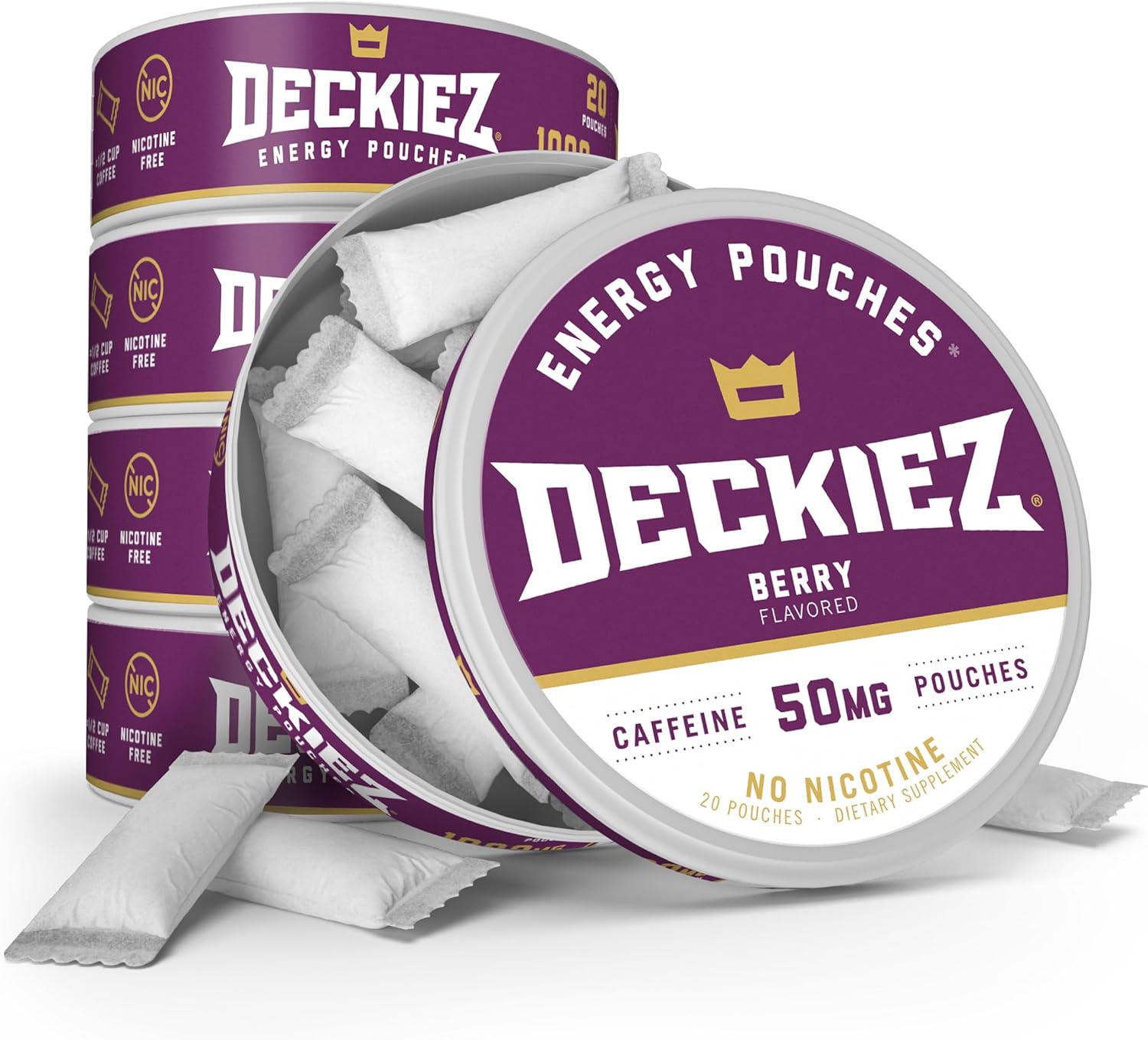 Deckiez Energy Pouches, 5 Cans (100 Servings), Sugar Free Caffeine Supplement, Coffee Pouches & Energy Drink Alternative, 50mg Caffeine Pouches, Berry Flavor