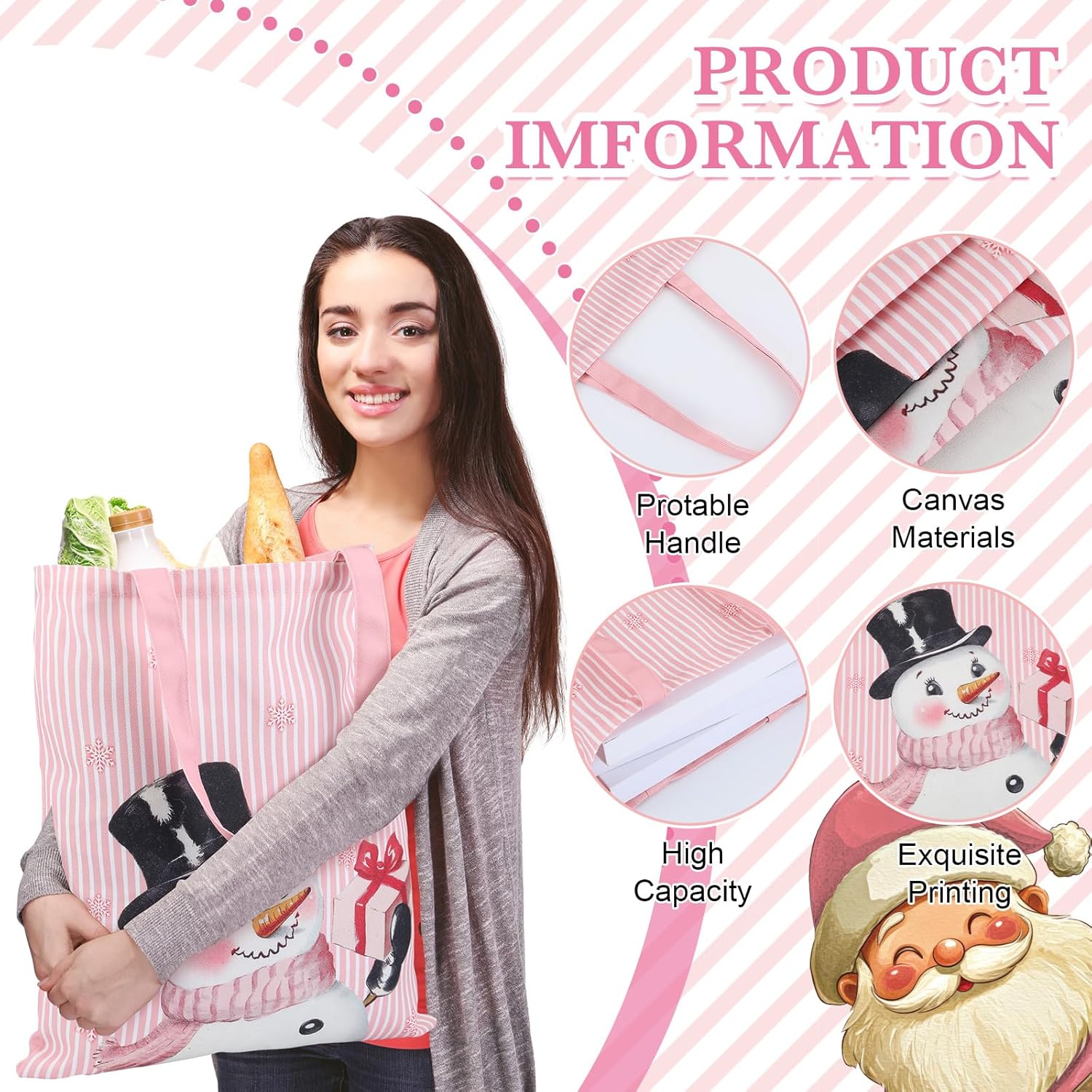 12 Pcs Pink Christmas Canvas Tote Bags for Women Christmas Tree Snowman Santa Bow Candy Cane Reusable Grocery Shopping Shoulder Bags Xmas Gifts for Holiday Gift Wrapping Party Decoration Supplies - Image 5