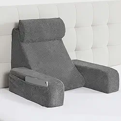 Vekkia Travesseiro de leitura, almofada de costas para cama sentado adulto, travesseiro de apoio para encosto com braços embutidos e bolsos GG, cadeira de descanso para ler, jogar, relaxar, trabalhar