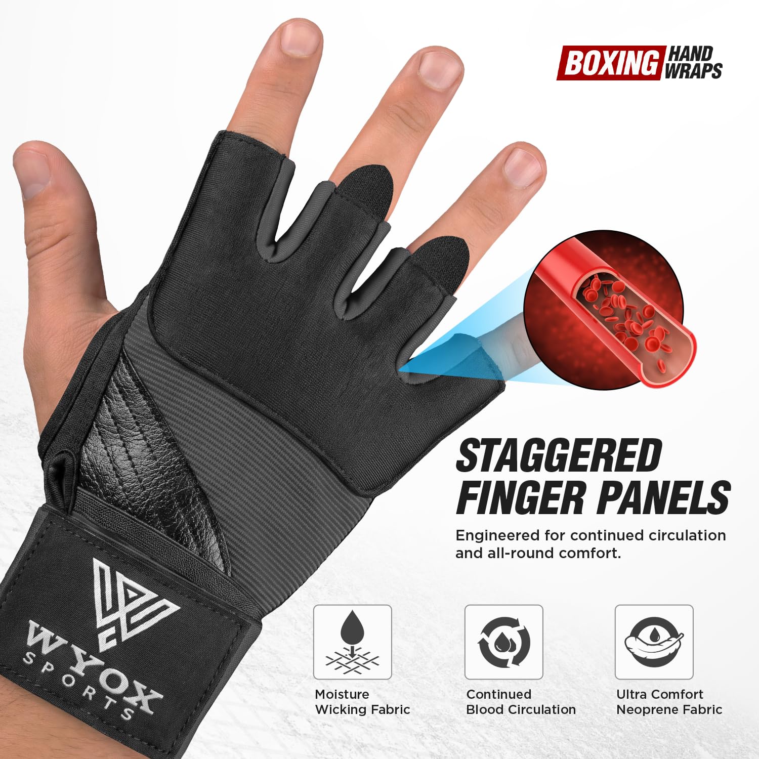 WYOX Fasce interne in gel da boxe, per uomini e donne, 80 cm, cinghie da polso rapide, protezione imbottita per nocche per Muay Thai, kickboxing, fasce per le mani per boxe e arti marziali