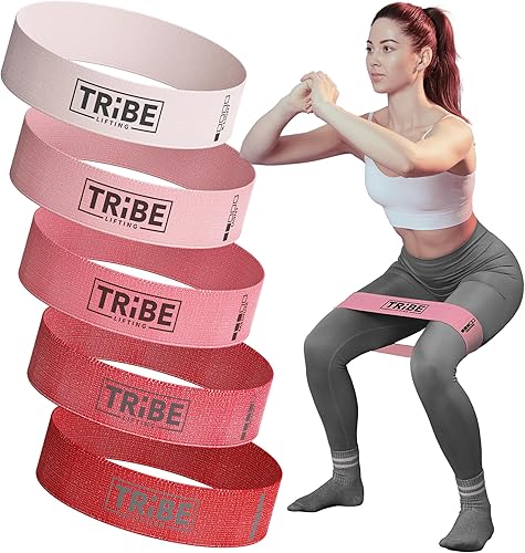 Vista 17 de Tribe Lifting - Bandas de resistencia de tela para glúteos y piernas Juego de 5 bandas de tela para entrenamiento Bandas gruesas de glúteos