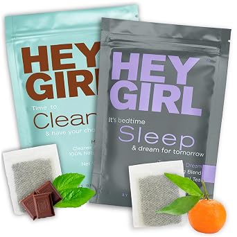 Hey Girl Tea Bundle - شاي النوم العشبي مع البابونج ، Valerian Root & Lemon Balm في أكياس الشاي بالإضافة إلى تنظيف الشاي - تطهير بنكهة الشوكولاتة بالنعناع للنساء - يقلل من الانتفاخ