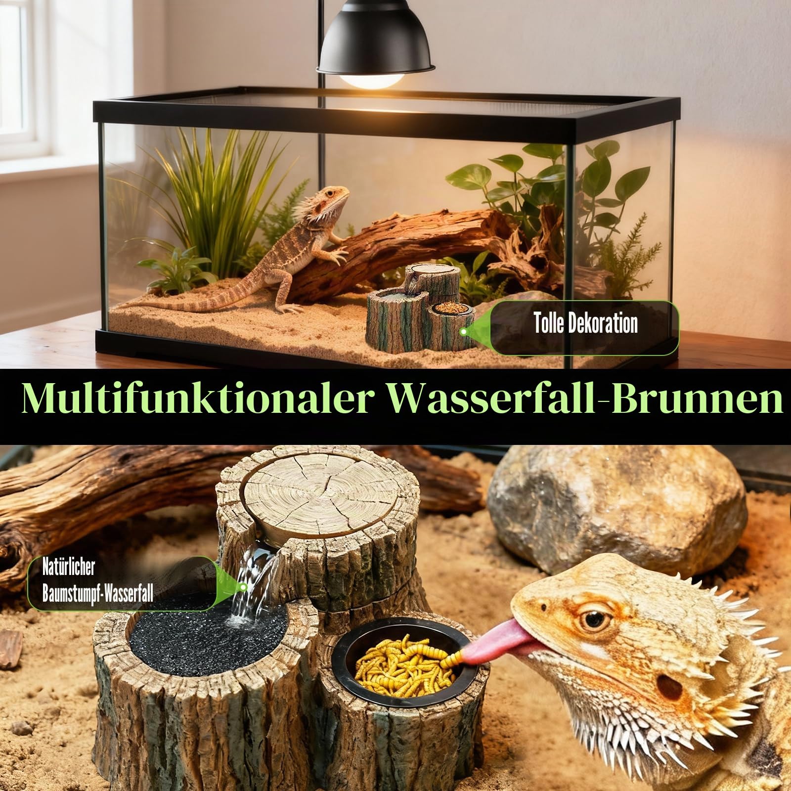 MIXJOY 2-in-1 Reptilien-Wasserbrunnen mit Futterschale, 550 ml, Reptilien-Wasserfall-Trinkbrunnen mit einstellbarem Durchfluss, natürliches Harz, Reptilien-Wasserspender für Bartagamen, Gecko