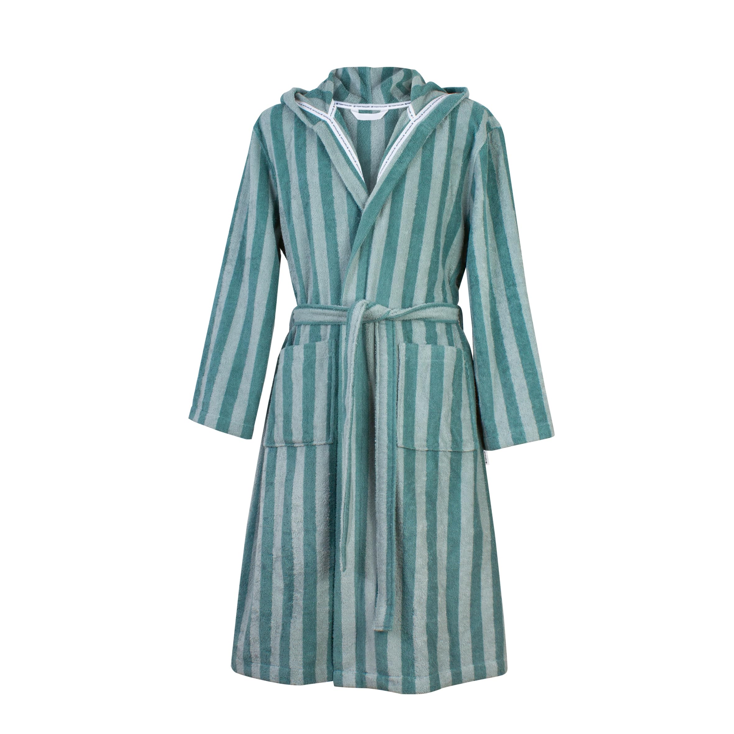 TOM TAILOR Accappatoio per Uomo e Donna, Taglia L, 100% Cotone/Spugna, Con Cappuccio, CLASSIC BATHROBE MEDIUM STRIPES Turchese (Fresh Sage & Smokey Sage)