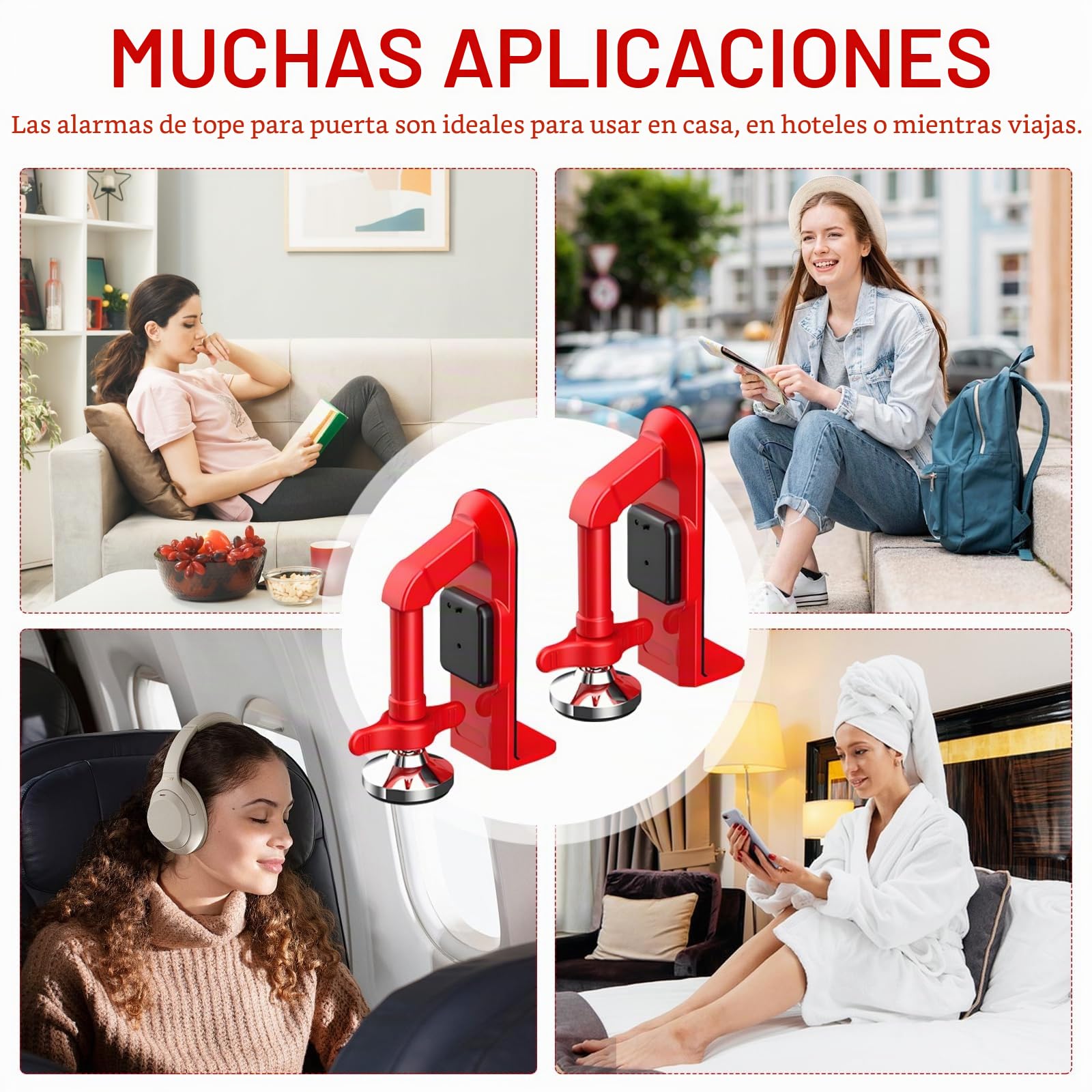 2 Piezas Topes de Puerta con Alarma, Tope de Puerta Ajustable con Alarma de 80 dB para Puerta Trampa, Cierre de Puerta Portátil para Seguridad del Hogar Hotel Viajes y Protección Personal