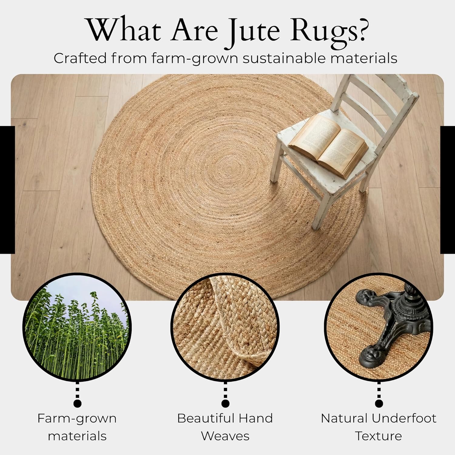 Jute Area Rug 5' Round Natural Jute Rug with Non-Slip Backing, Low-Profile Farmhouse Rug for Living Room, Bedroom or Entry, Eco-Friendly Boho Decor, Non-Shed for High-Traffic Door Mat