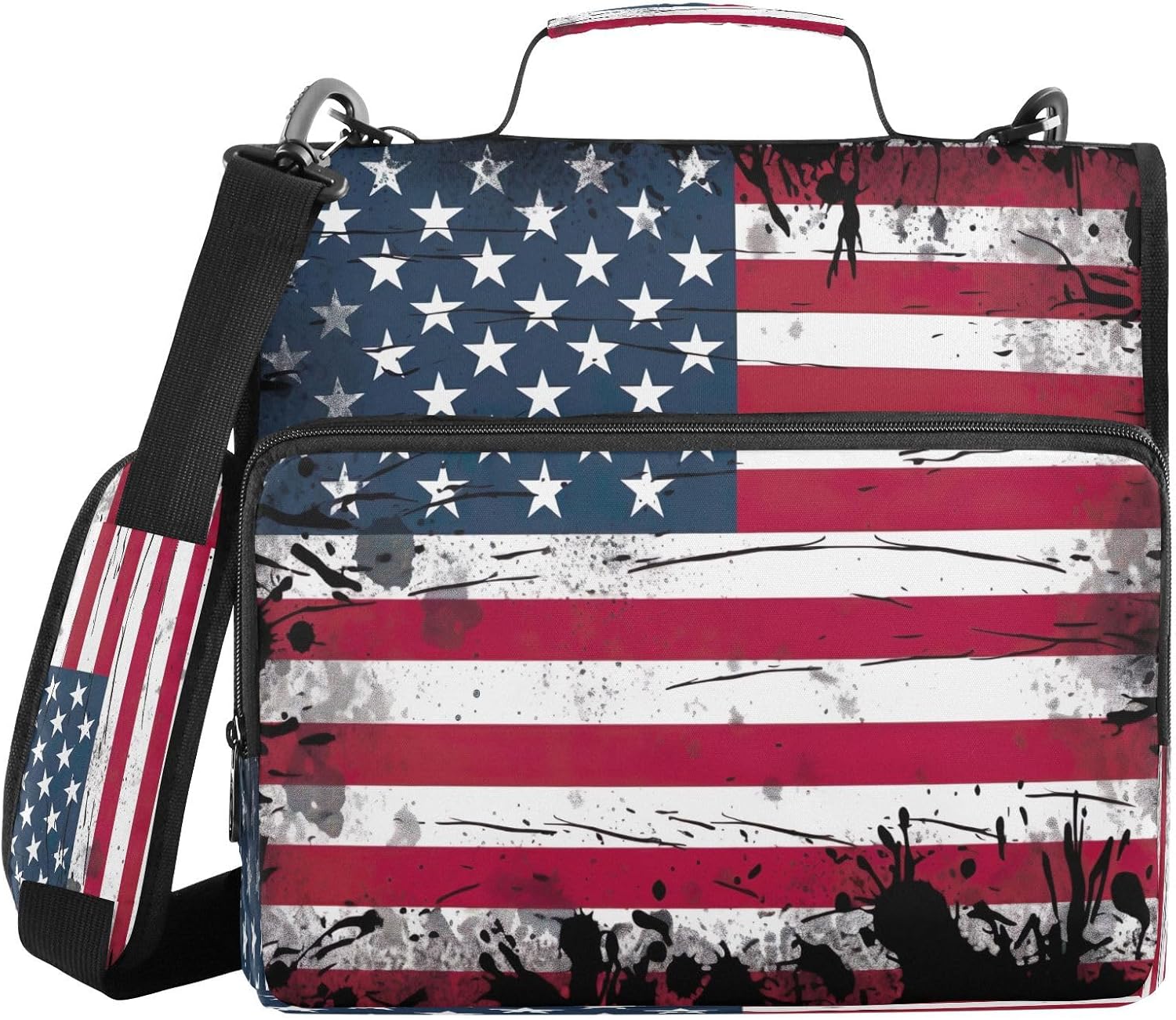 American Flag Waterproof Zipper Binder with Shoulder Strap, 3-Ring Trapper Keeper with Lay-Flat Design and Multiple Compartments for School & Office, Adults & Kids