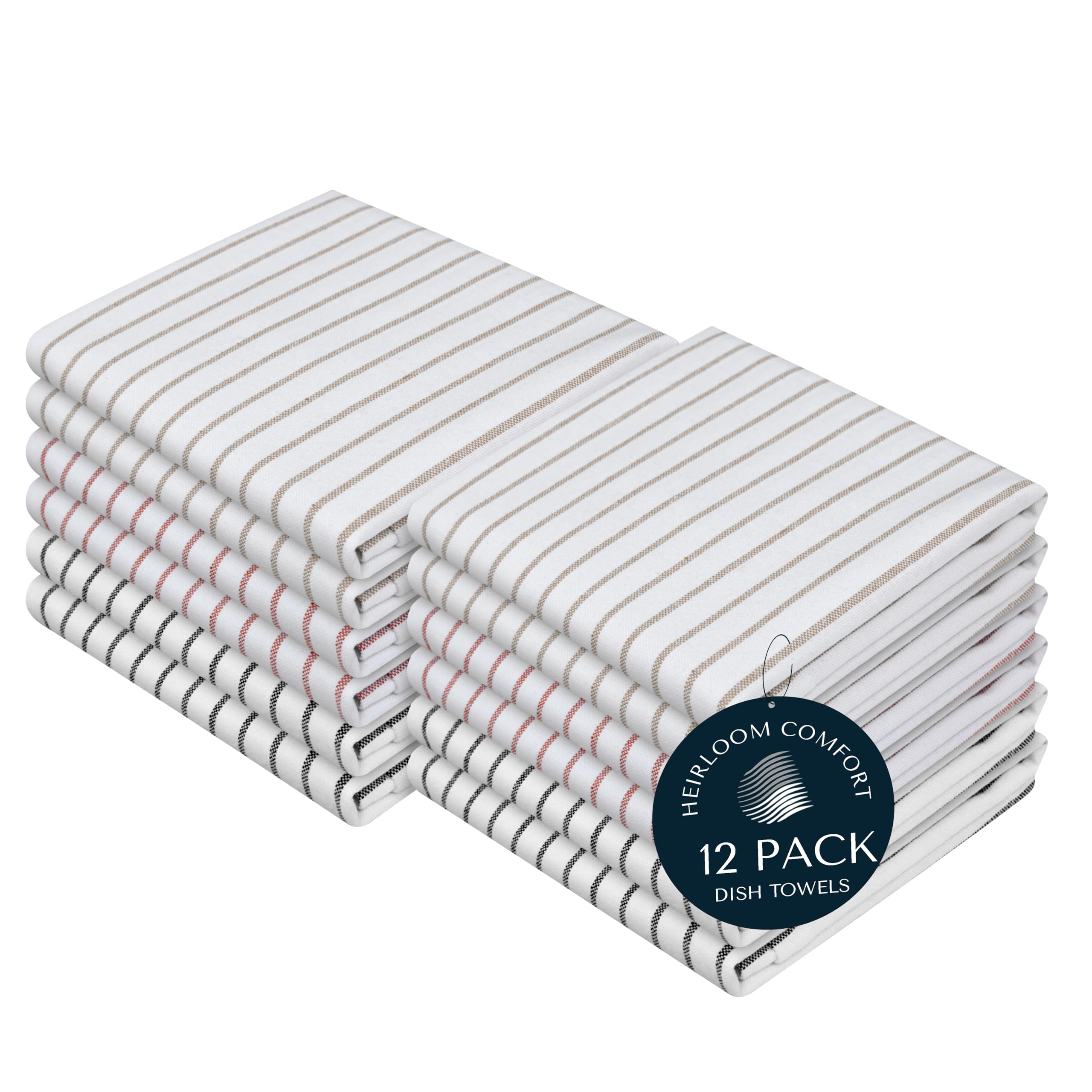 Lot de 12 torchons de cuisine multicolores, 100 % coton, à rayures classiques, super absorbants et durables, tissu à séchage rapide pour sécher la vaisselle, beige, rouille, noir