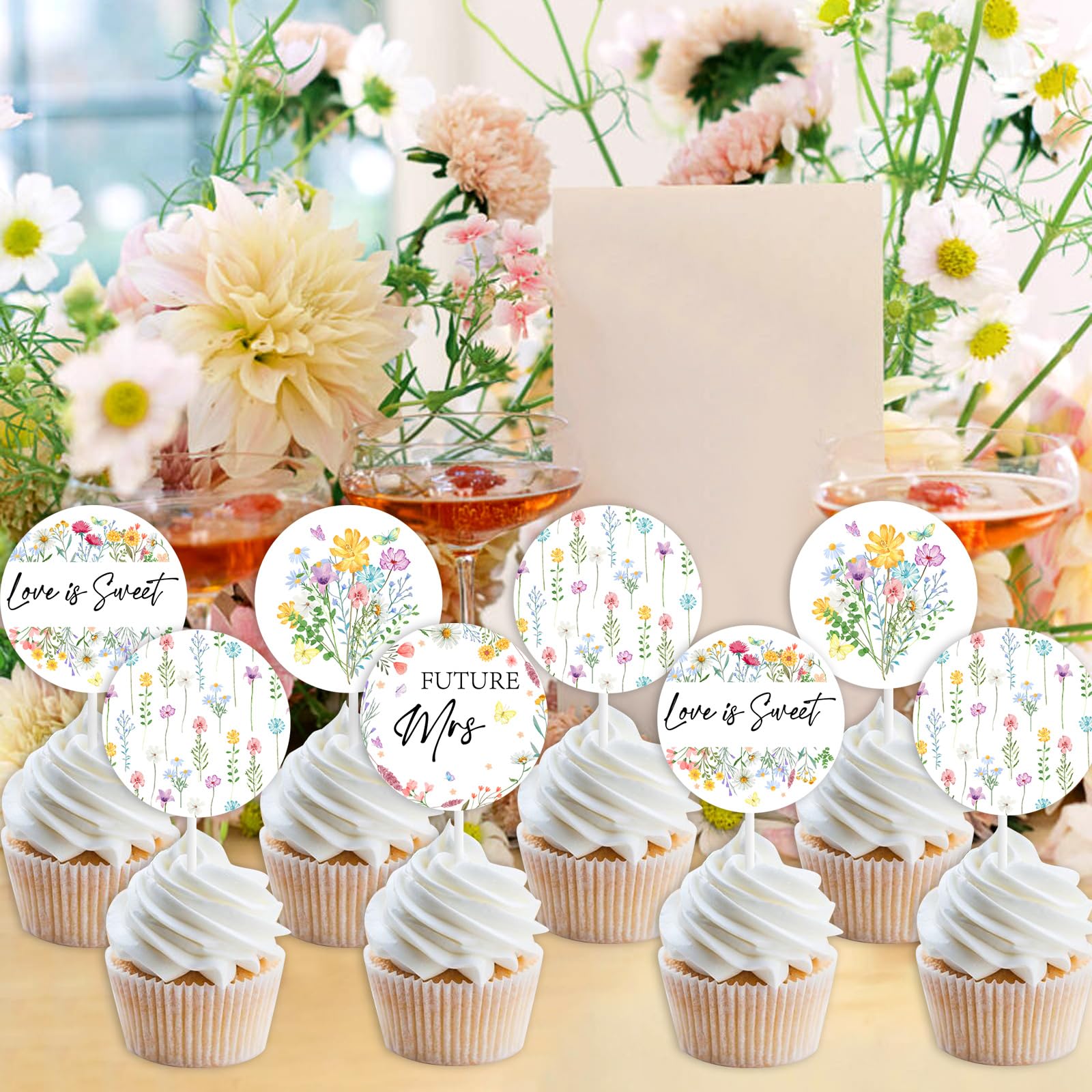 Wildflower Decorations Wildflower Cupcake Toppers - 40 Pcs Party Decorations  For Birthdays \u0026 Showers Cupcake Toppers Sets, image size:1600x1600