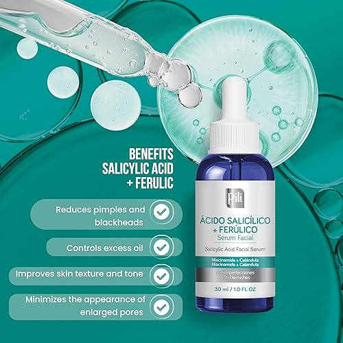 Miniatura 6 de Suero facial salicílico + ácido ferúlico, exfoliante, aceite y control de imperfecciones, con niacinamida y caléndula, fórmula antioxidante