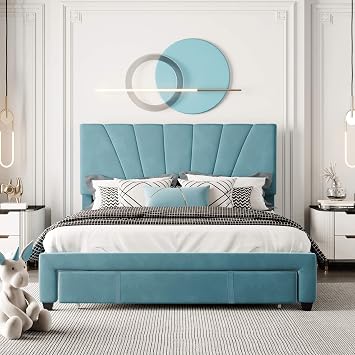 Queen Size Storage Velvet Upholstered Platform Bed with Big Drawer/Headboard/Strong Wooden Slats/Easy Assembly, No Box Spring Needed Blue+V*