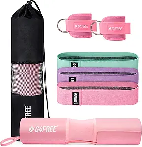 G4Free 7pcs Barbell Pad Set for Squat, Hip Thrusts, Lunges, Leg day, Standard Olympic Bars with 2 Gym Ankle Safety Straps, 3 Hip Resistance Bands,Barbell Pad and Carry Bag