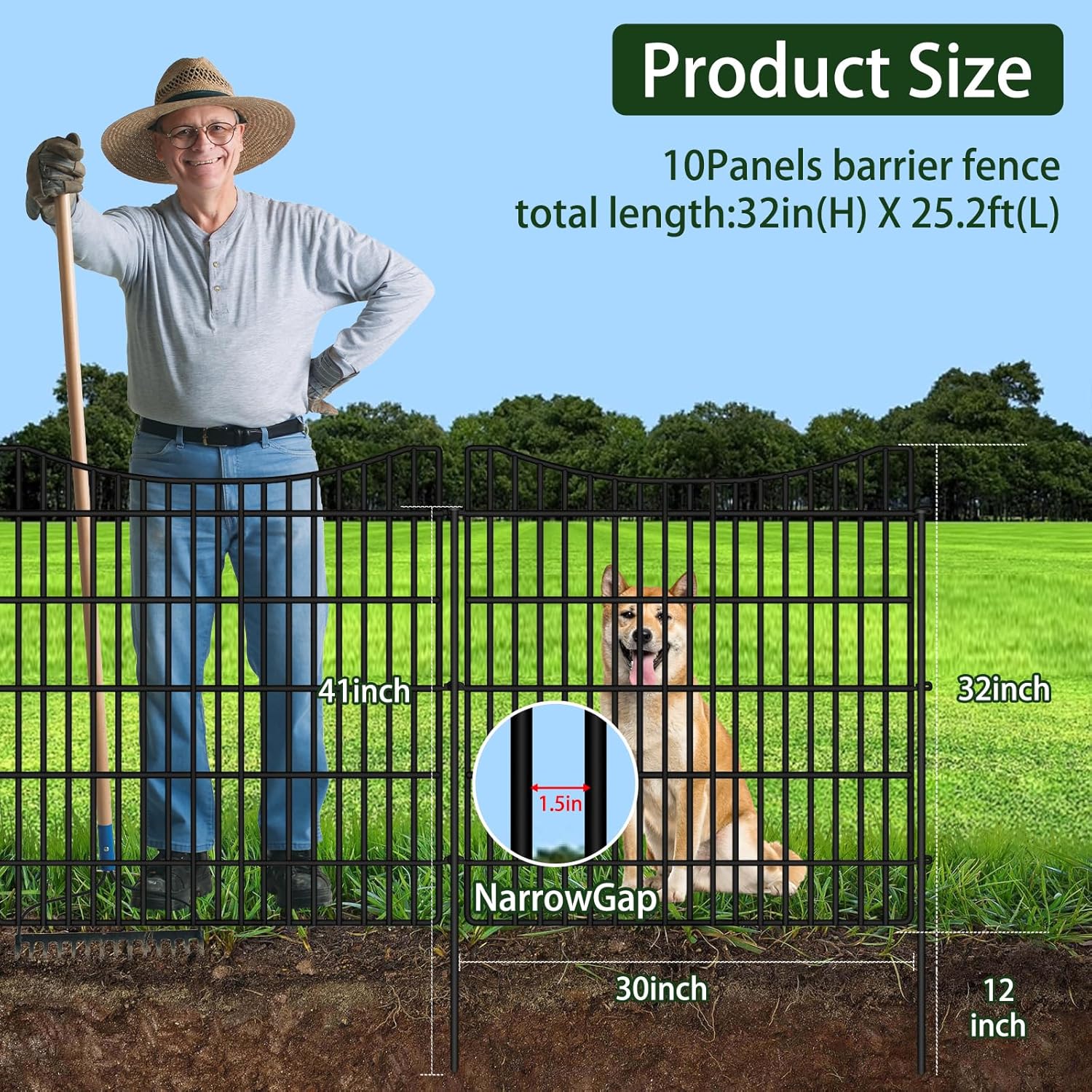 ULIOK 10 Panels No Dig Decorative Garden Fences, 32in(H) x 25.2 ft(W) Dog Fence Outdoor for Yard, Tall Animal Barrier Fence Panels, Rustproof Ground Stakes Temporary Wire Screen for Yard, Patio