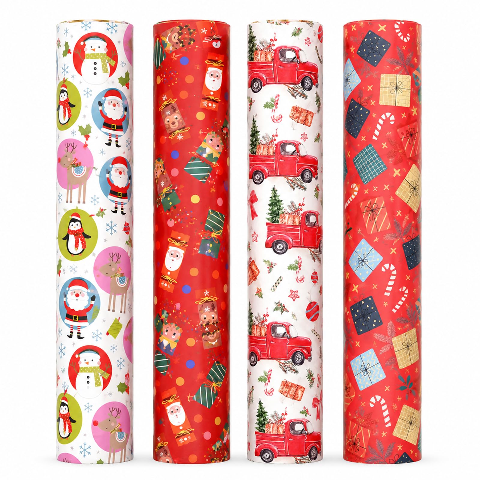 4 Rolls Christmas Wrapping Paper Rolls, Cute Festive Gift Wrap, 43cm x 3m