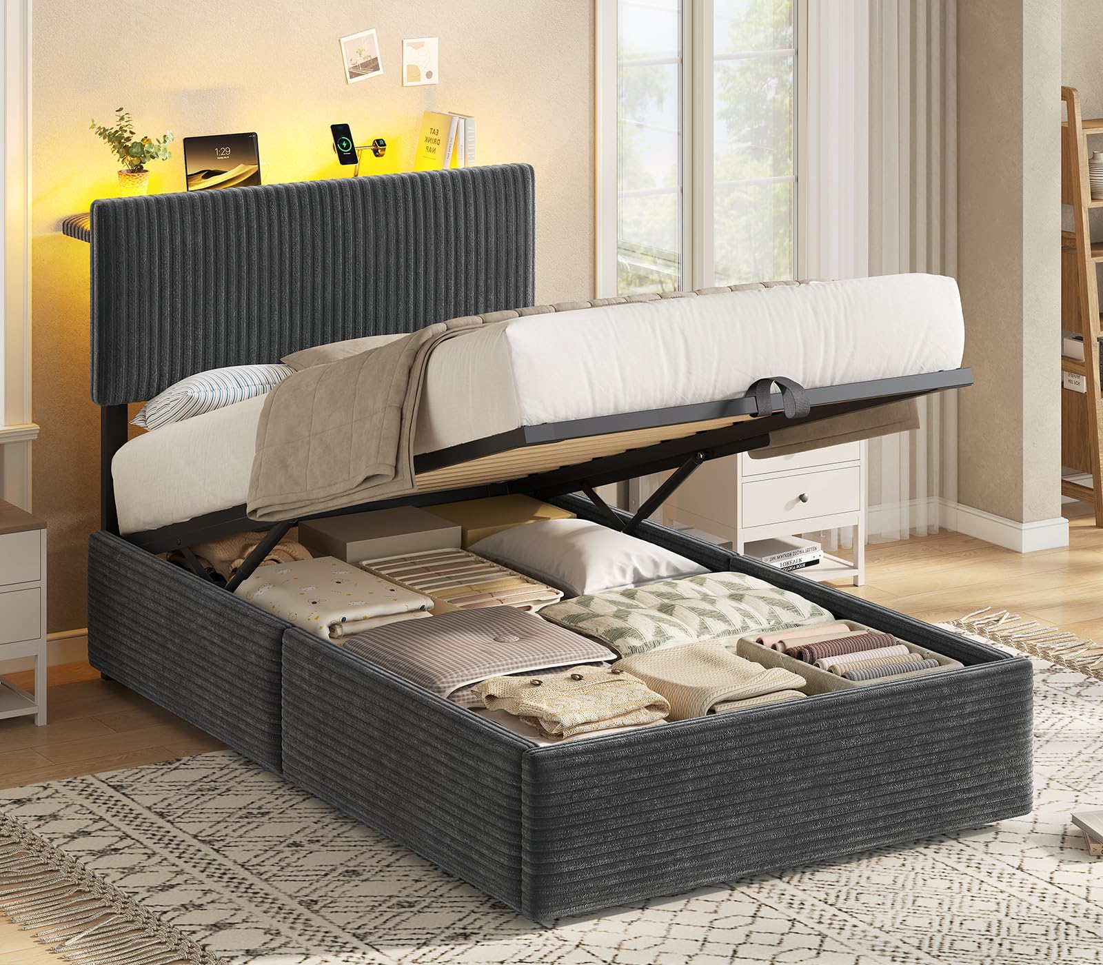 KIMENICH Polsterbett 90x200cm mit Hydrauliksystem & Stauraum, Stauraumbett mit Höhenverstellbarem Kopfteil, Bettgestell 90x200cm mit Smart LED, Bett mit Ladestation,Gestreifter Samt,Grau